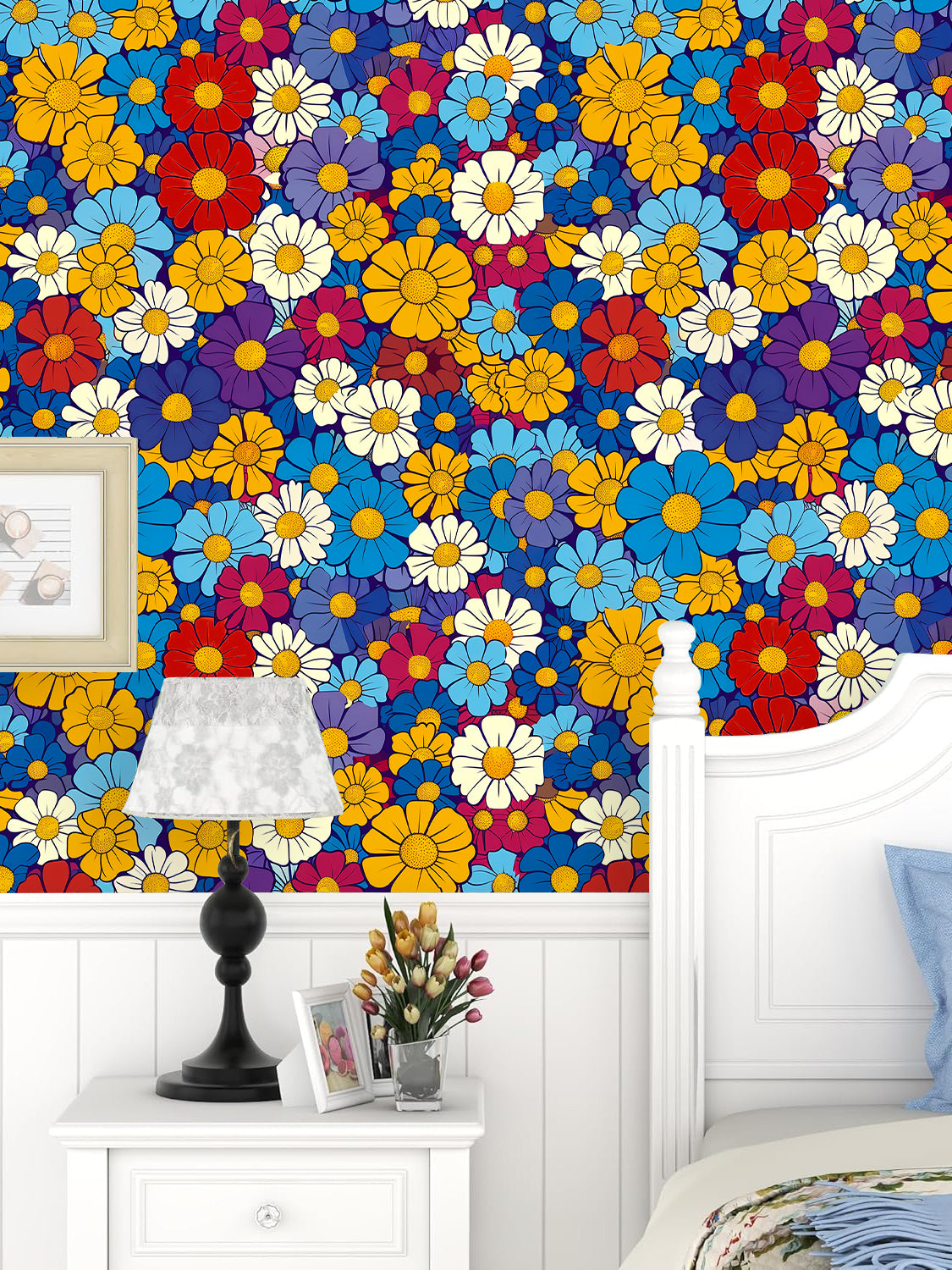 HaokHome Bright and Bold Floral Pattern Wallpaper Vibrant Daisy Design in Blue, Yellow, Red, and Purple
