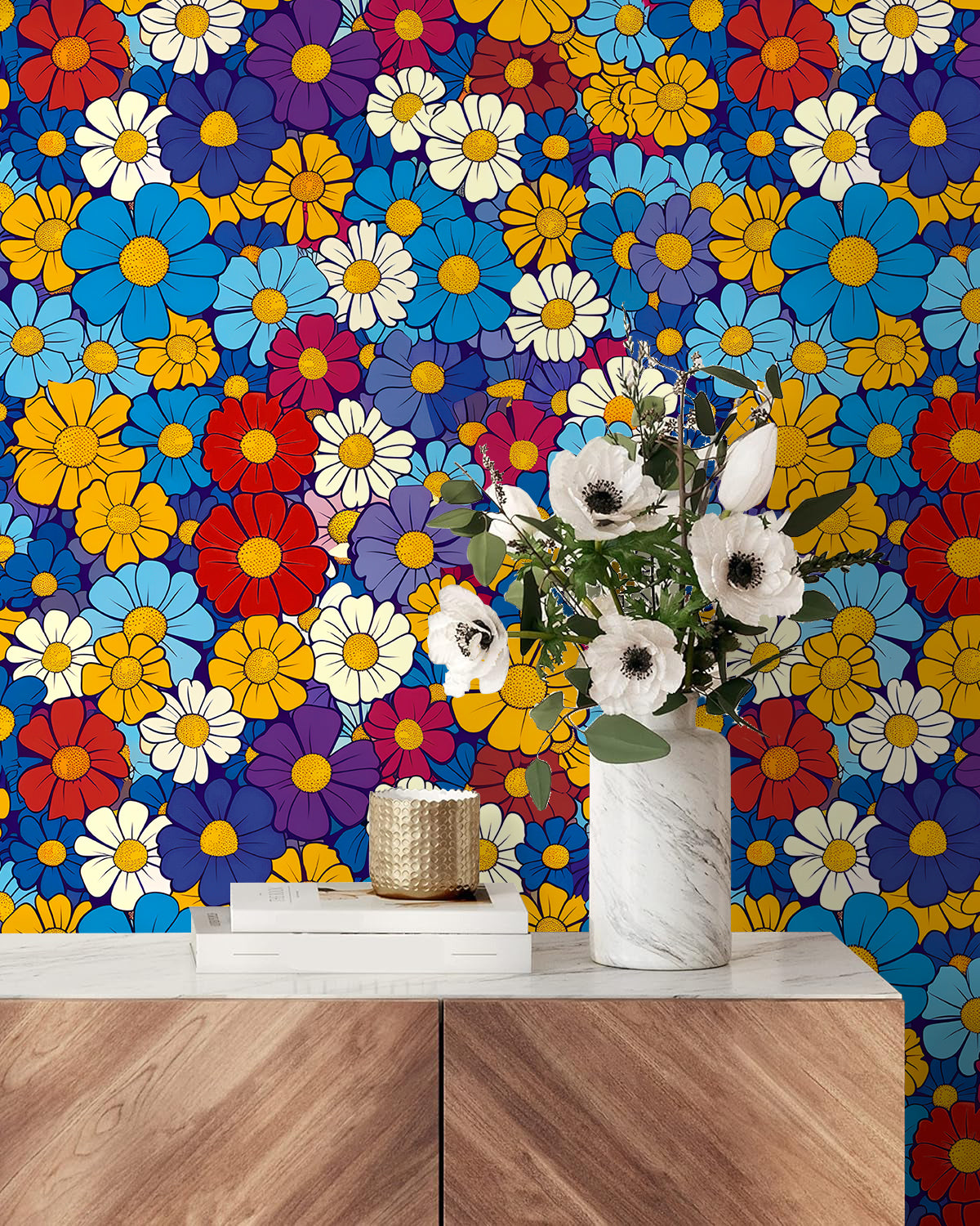 HaokHome Bright and Bold Floral Pattern Wallpaper Vibrant Daisy Design in Blue, Yellow, Red, and Purple