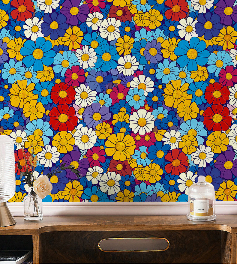 HaokHome Bright and Bold Floral Pattern Wallpaper Vibrant Daisy Design in Blue, Yellow, Red, and Purple