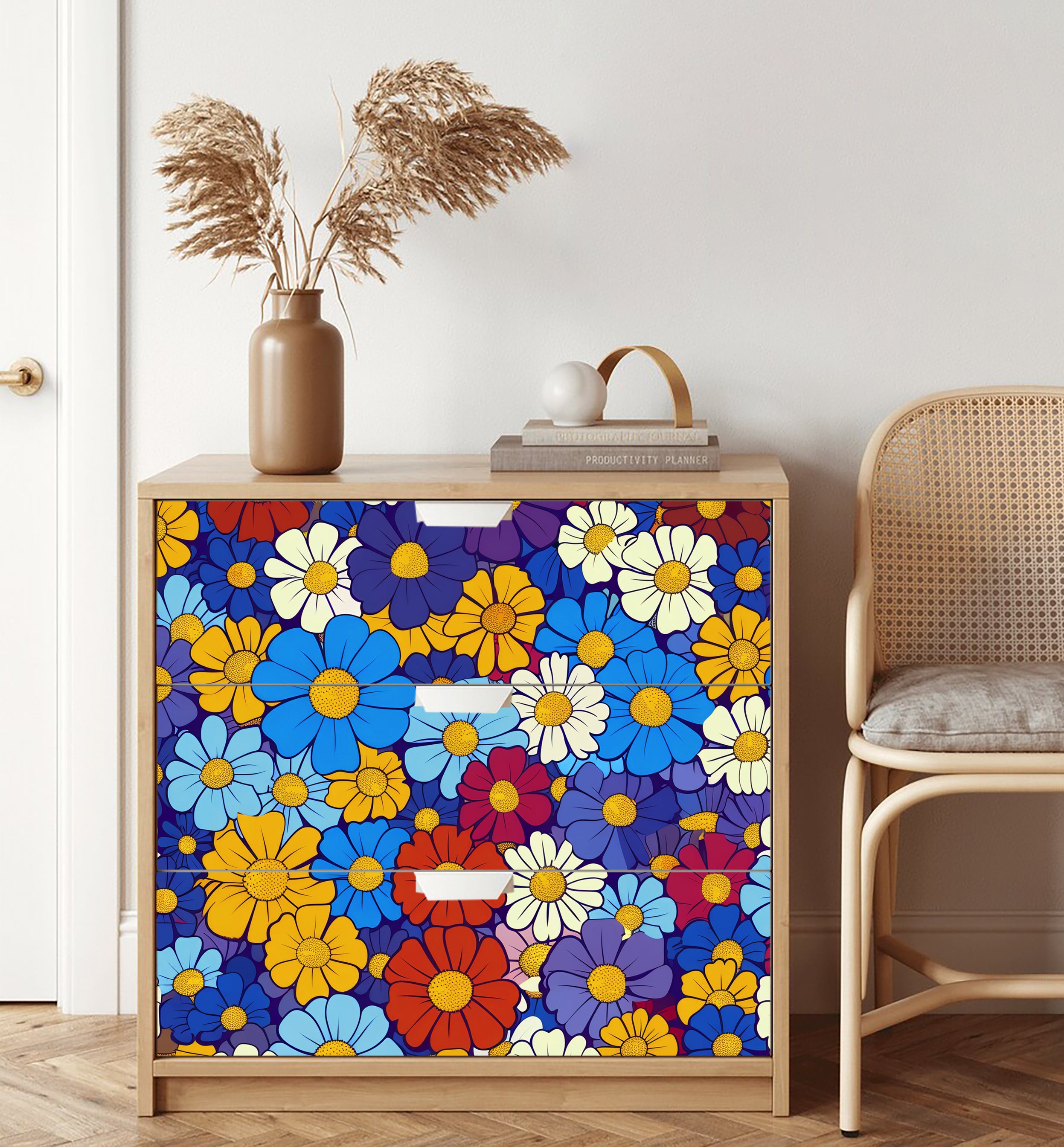 HaokHome Bright and Bold Floral Pattern Wallpaper Vibrant Daisy Design in Blue, Yellow, Red, and Purple