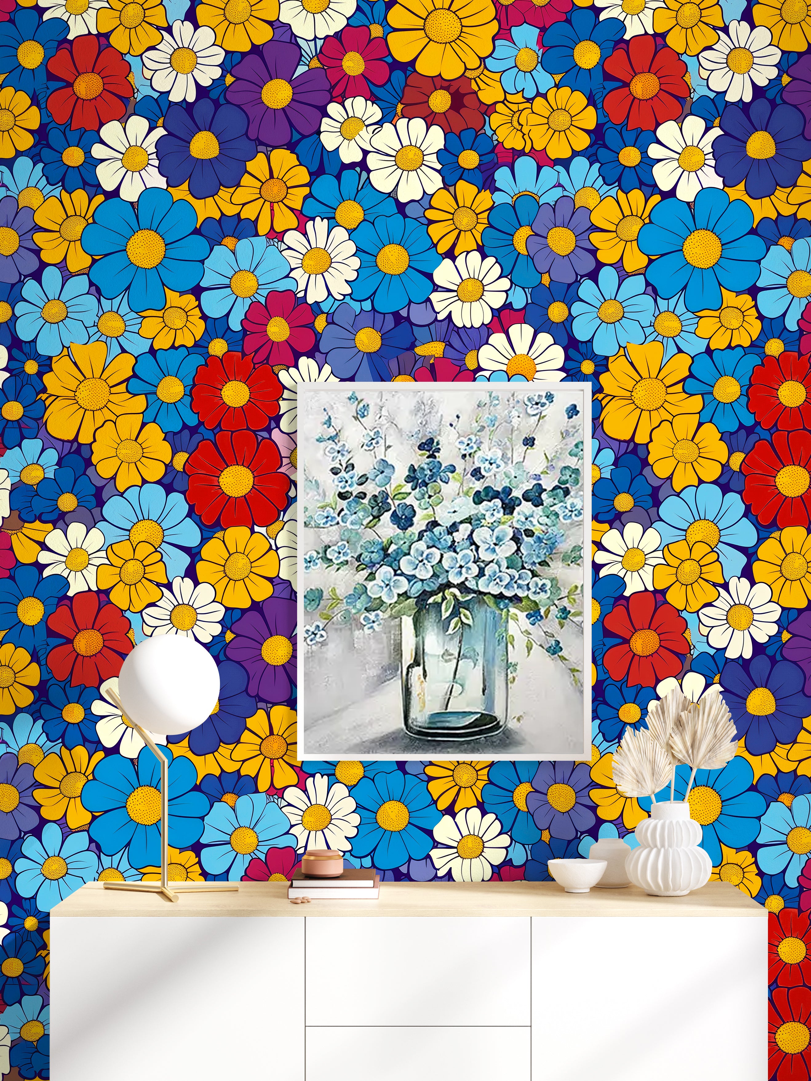 HaokHome Bright and Bold Floral Pattern Wallpaper Vibrant Daisy Design in Blue, Yellow, Red, and Purple