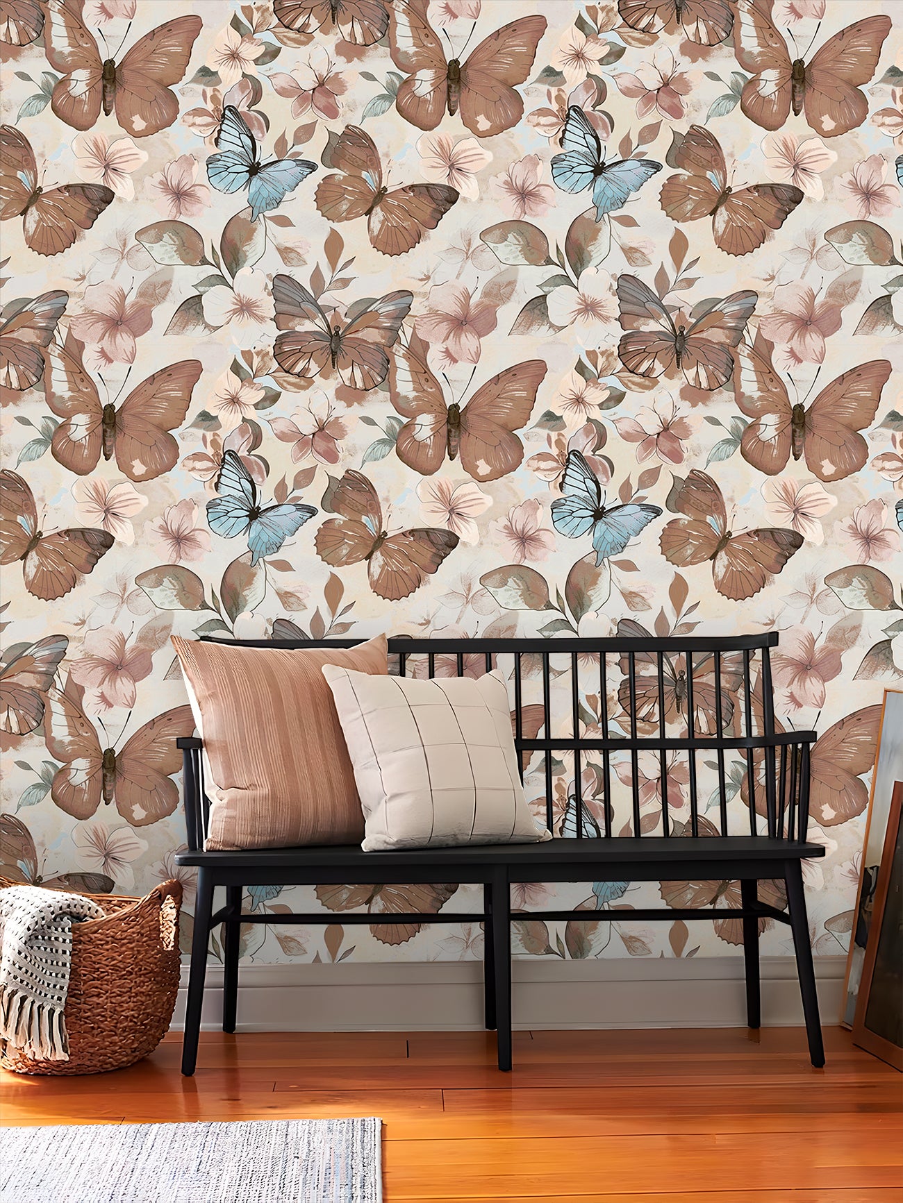 HaokHome Butterfly Floral Wallpaper Pastel Blue & Brown Butterflies with Soft Blooms on Cream Background