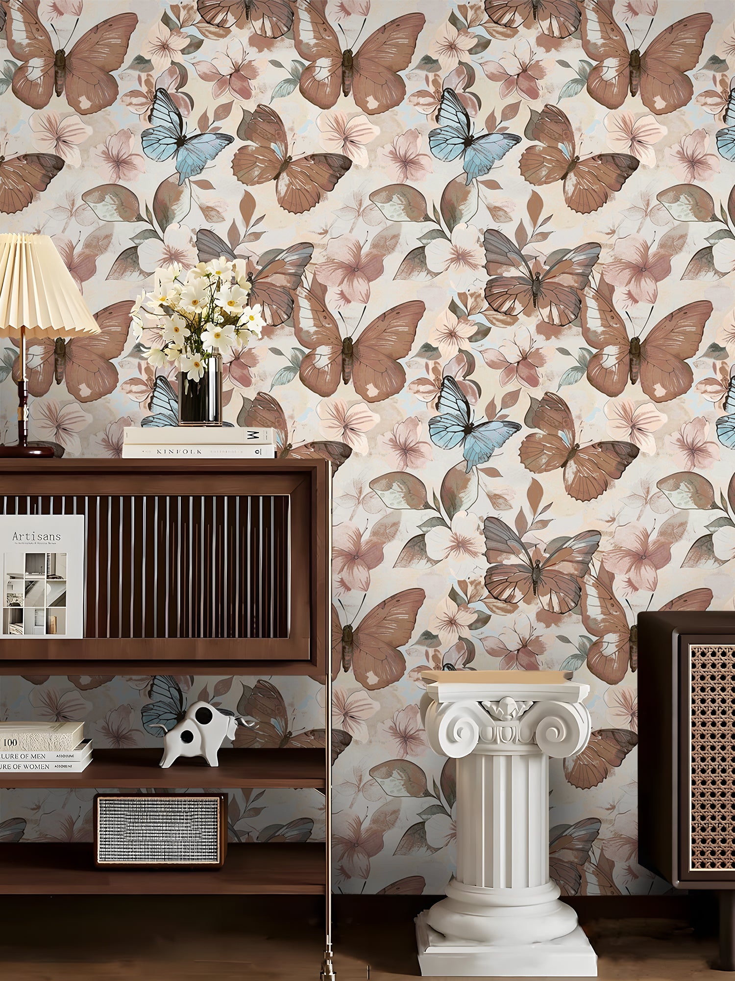 HaokHome Butterfly Floral Wallpaper Pastel Blue & Brown Butterflies with Soft Blooms on Cream Background