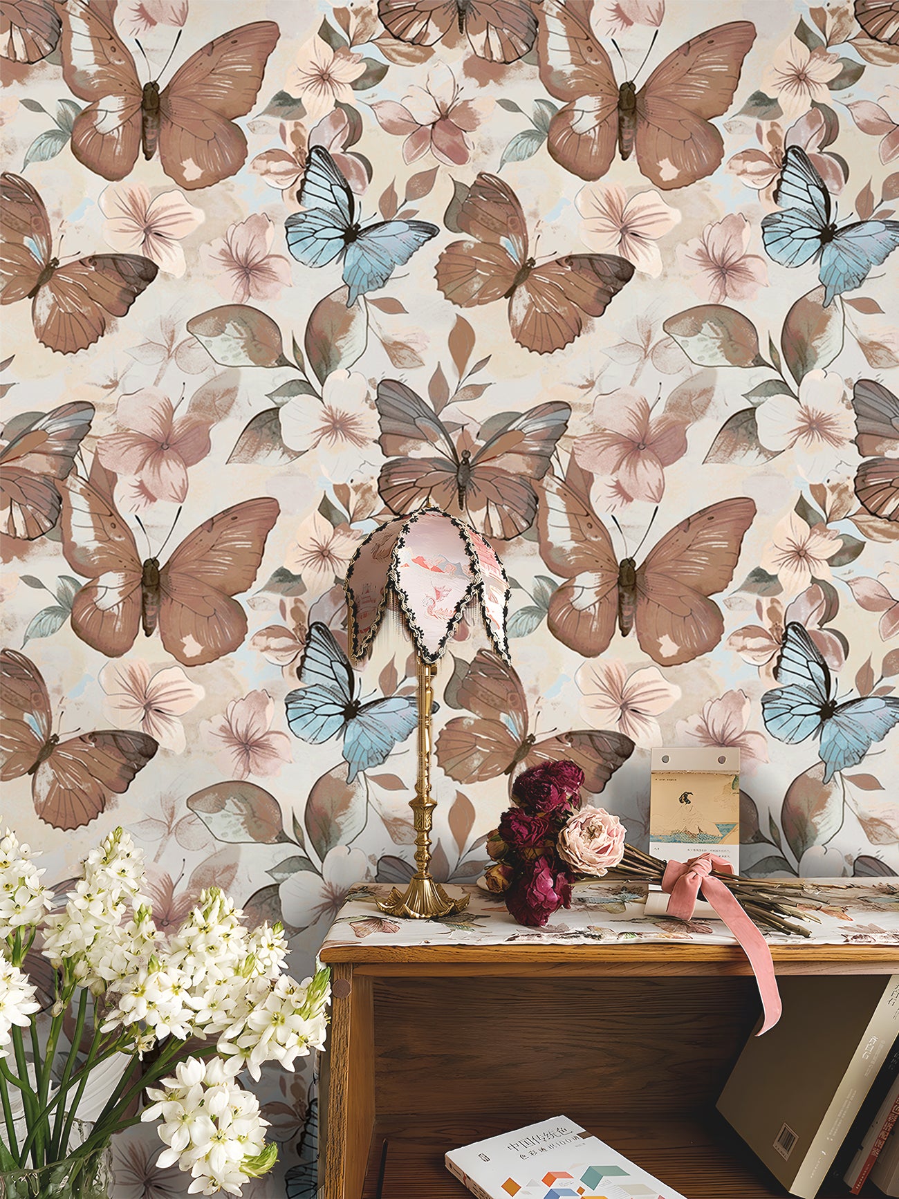 HaokHome Butterfly Floral Wallpaper Pastel Blue & Brown Butterflies with Soft Blooms on Cream Background