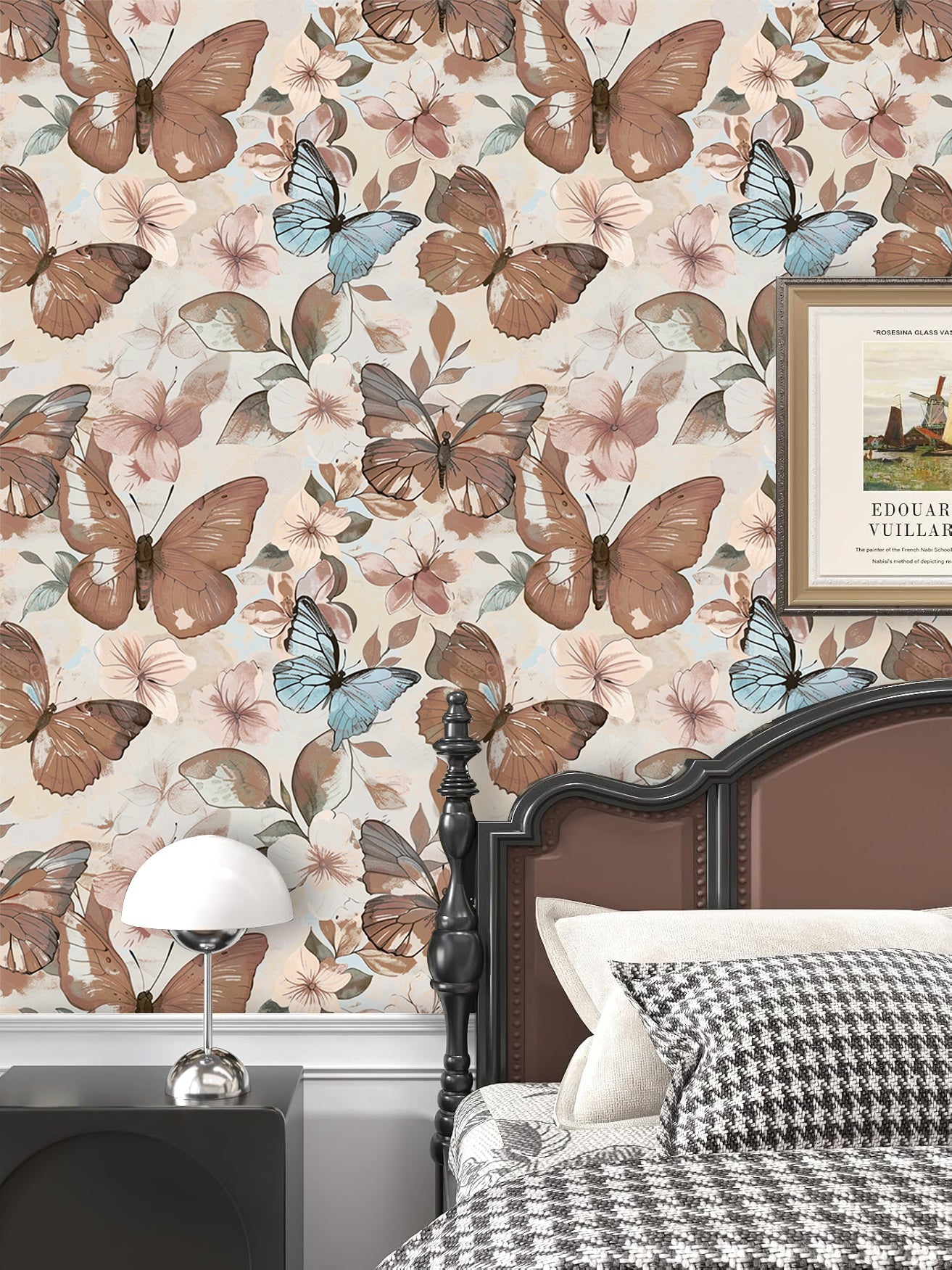 HaokHome Butterfly Floral Wallpaper Pastel Blue & Brown Butterflies with Soft Blooms on Cream Background