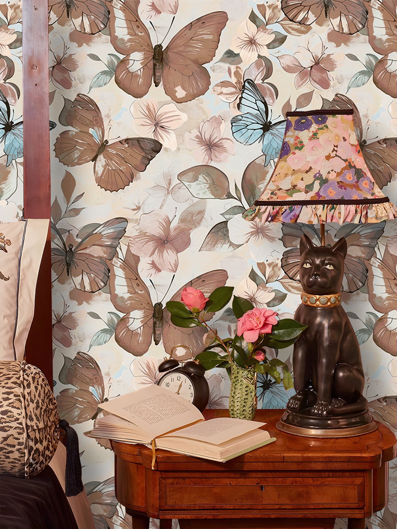 HaokHome Butterfly Floral Wallpaper Pastel Blue & Brown Butterflies with Soft Blooms on Cream Background