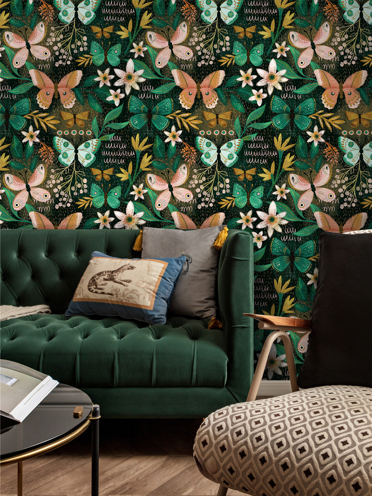 HaokHome Butterfly and Flower Wallpaper – Colorful Butterflies and Blossoms on Dark Green Background for Living Room & Bedroom