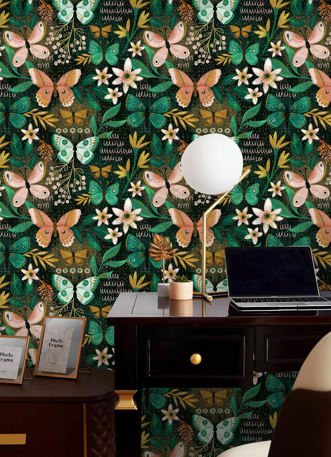 HaokHome Butterfly and Flower Wallpaper – Colorful Butterflies and Blossoms on Dark Green Background for Living Room & Bedroom
