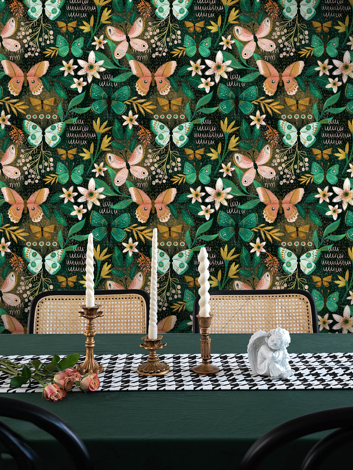 HaokHome Butterfly and Flower Wallpaper – Colorful Butterflies and Blossoms on Dark Green Background for Living Room & Bedroom