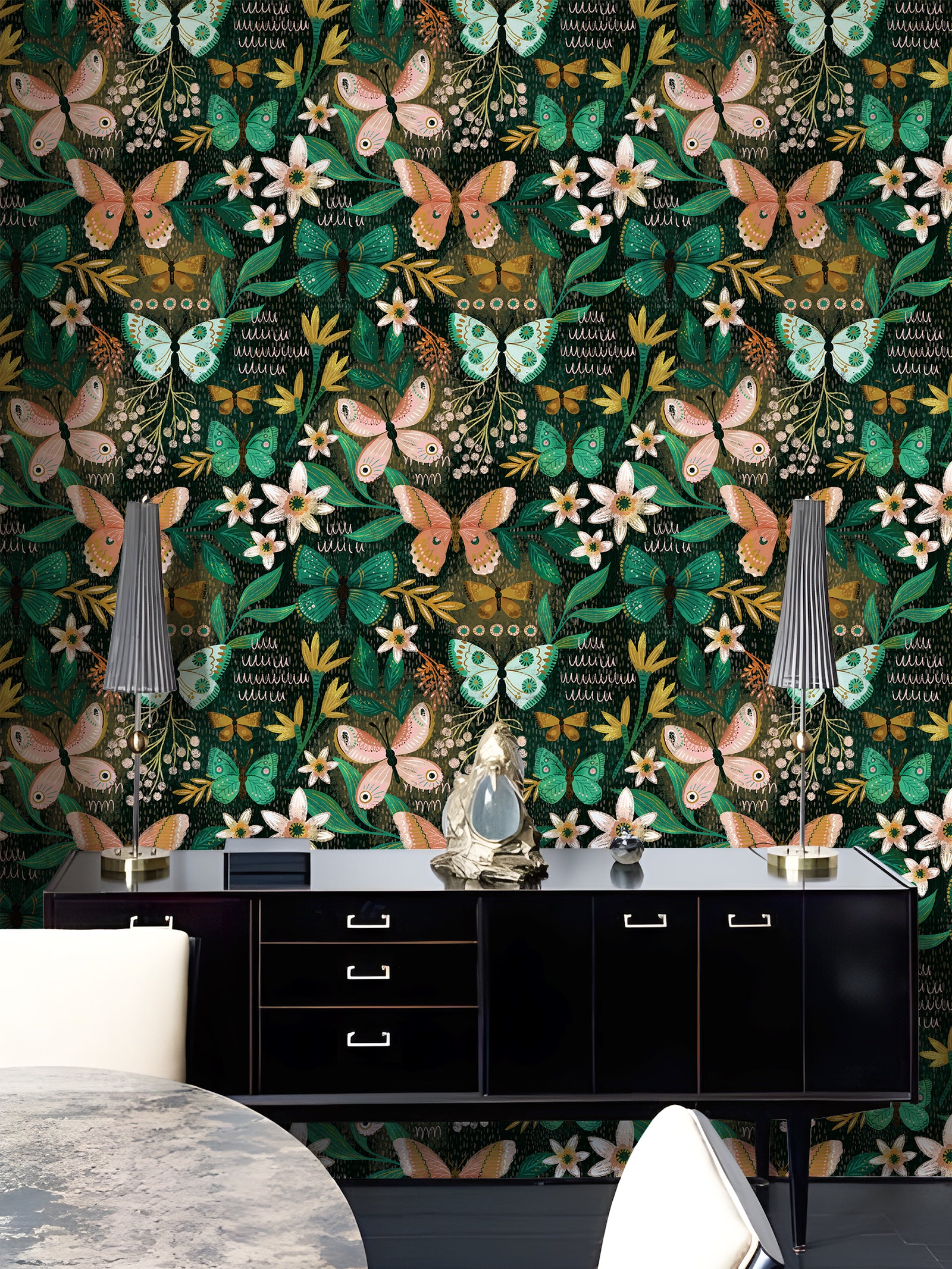 HaokHome Butterfly and Flower Wallpaper – Colorful Butterflies and Blossoms on Dark Green Background for Living Room & Bedroom