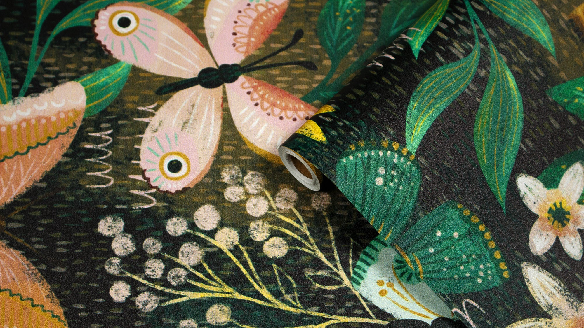 HaokHome Butterfly and Flower Wallpaper – Colorful Butterflies and Blossoms on Dark Green Background for Living Room & Bedroom