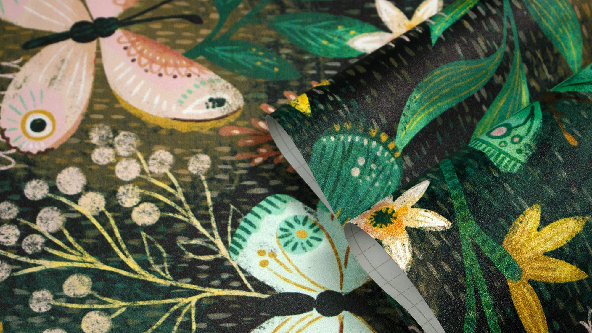 HaokHome Butterfly and Flower Wallpaper – Colorful Butterflies and Blossoms on Dark Green Background for Living Room & Bedroom