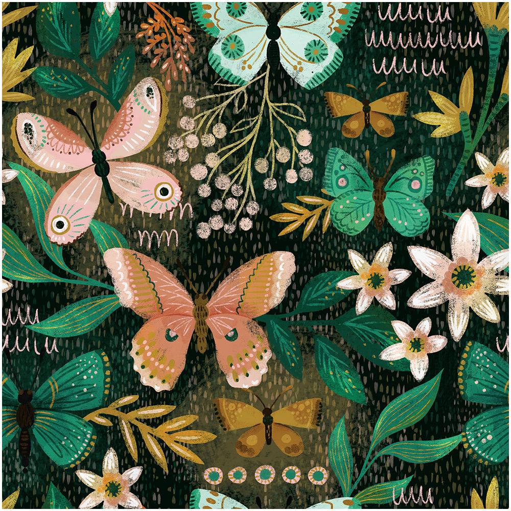 HaokHome Butterfly and Flower Wallpaper – Colorful Butterflies and Blossoms on Dark Green Background for Living Room & Bedroom