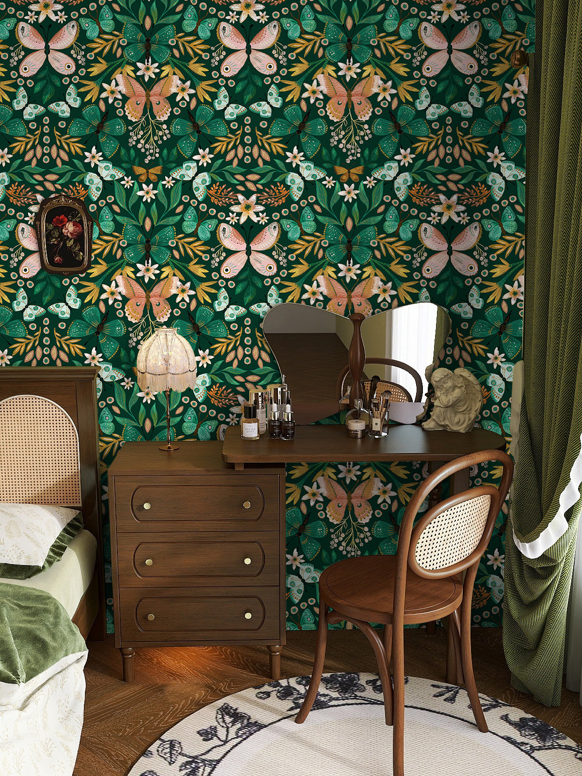 HaokHome Butterfly and Flower Wallpaper – Colorful Butterflies and Floral Motifs on Dark Green Background for Living Room & Bedroom