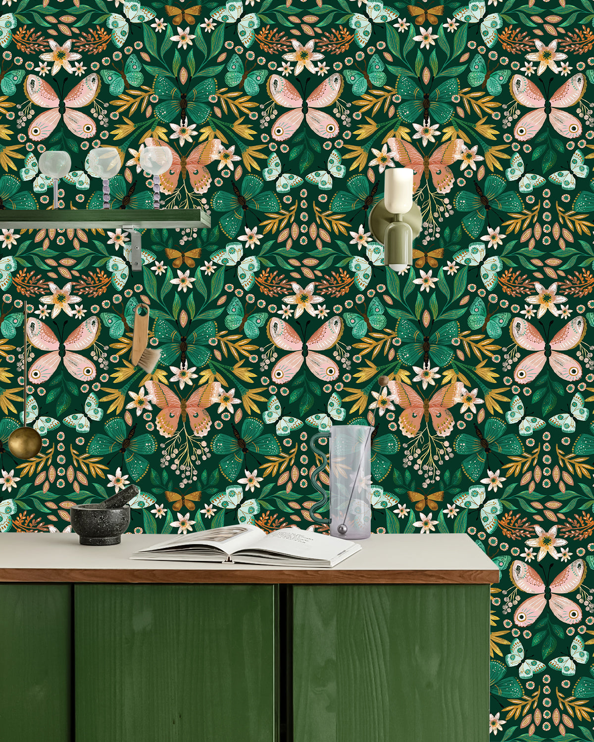 HaokHome Butterfly and Flower Wallpaper – Colorful Butterflies and Floral Motifs on Dark Green Background for Living Room & Bedroom