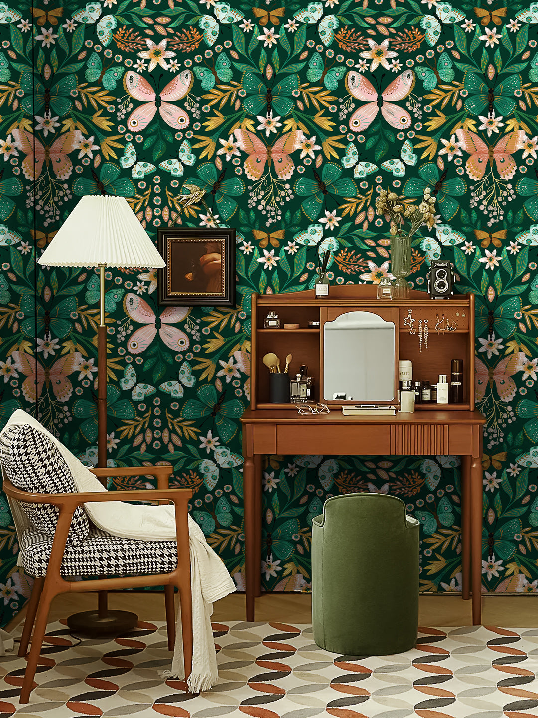HaokHome Butterfly and Flower Wallpaper – Colorful Butterflies and Floral Motifs on Dark Green Background for Living Room & Bedroom