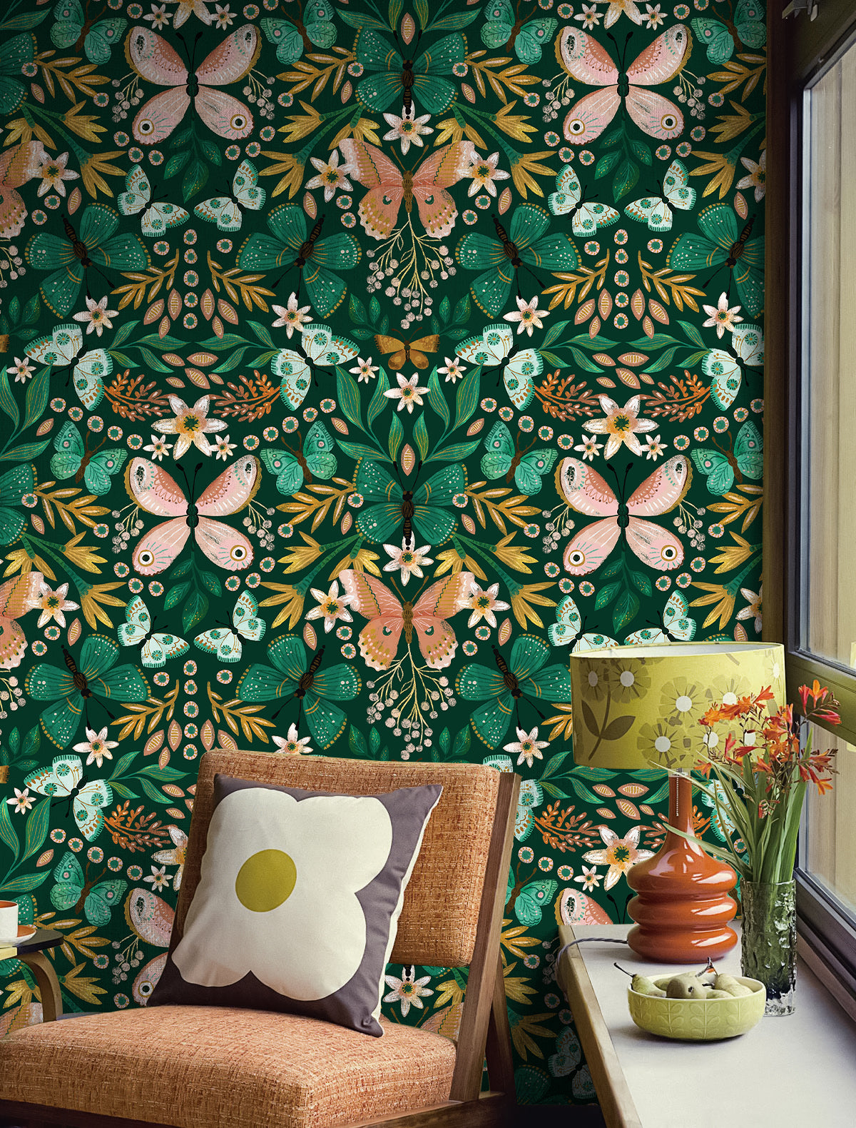 HaokHome Butterfly and Flower Wallpaper – Colorful Butterflies and Floral Motifs on Dark Green Background for Living Room & Bedroom