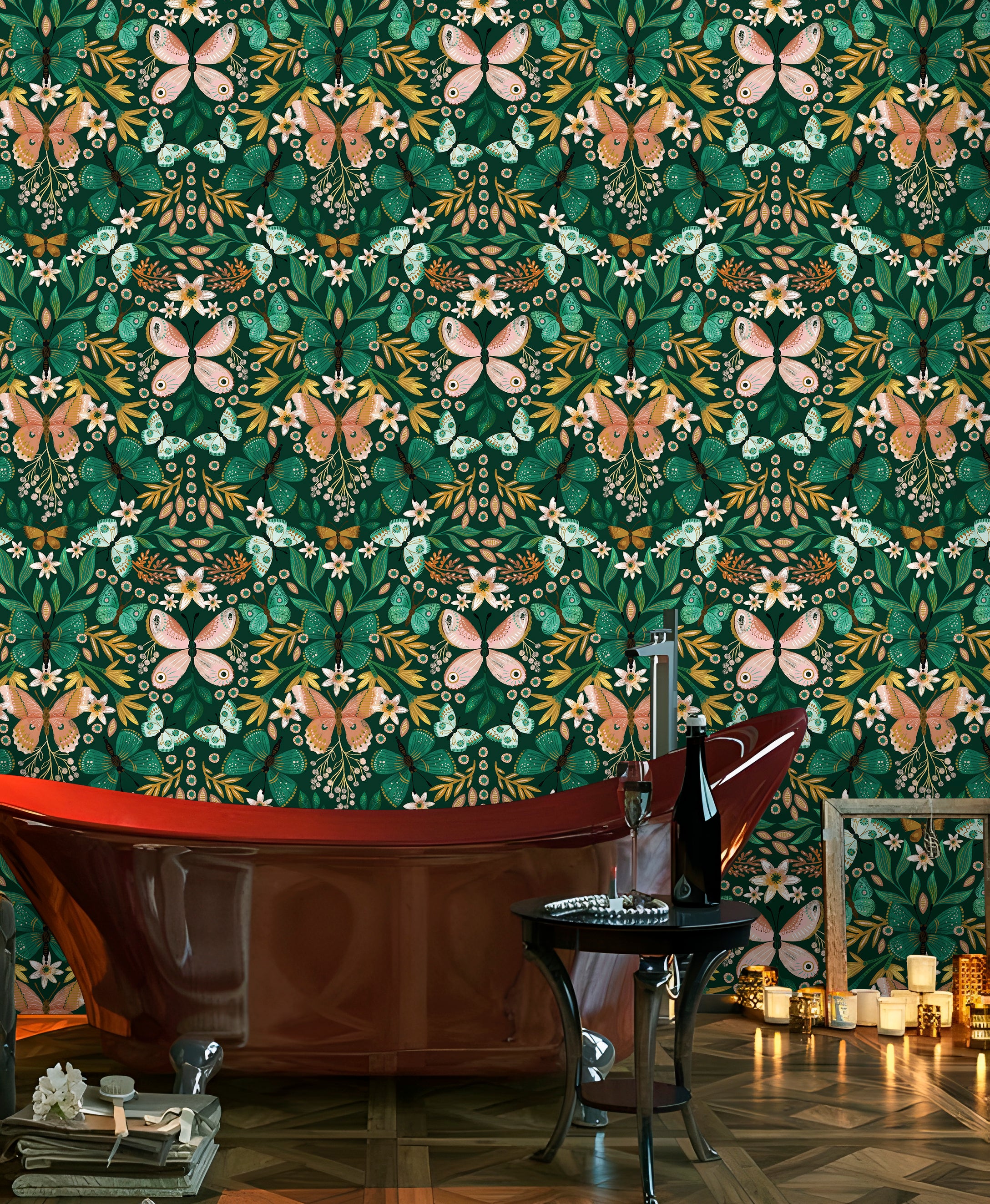 HaokHome Butterfly and Flower Wallpaper – Colorful Butterflies and Floral Motifs on Dark Green Background for Living Room & Bedroom