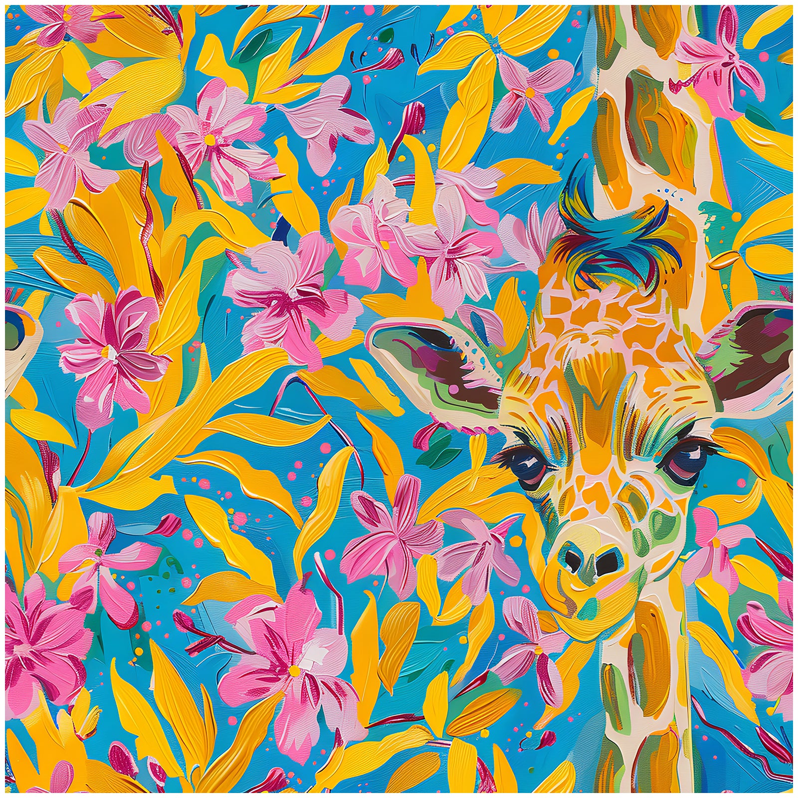 HaokHome Colorful Giraffe and Floral Wallpaper Vibrant Tropical Flowers on Bright Blue Background