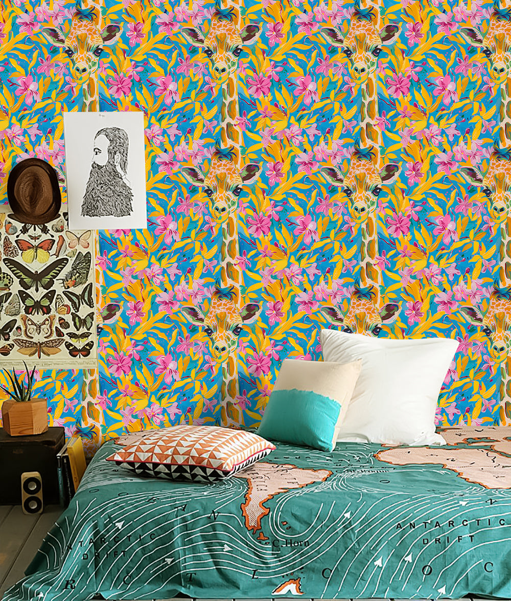 HaokHome Colorful Giraffe and Floral Wallpaper Vibrant Tropical Flowers on Bright Blue Background