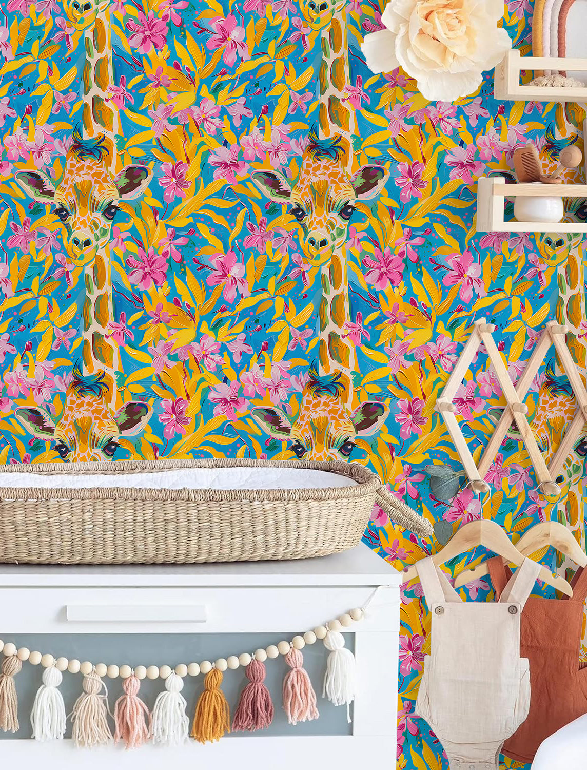 HaokHome Colorful Giraffe and Floral Wallpaper Vibrant Tropical Flowers on Bright Blue Background