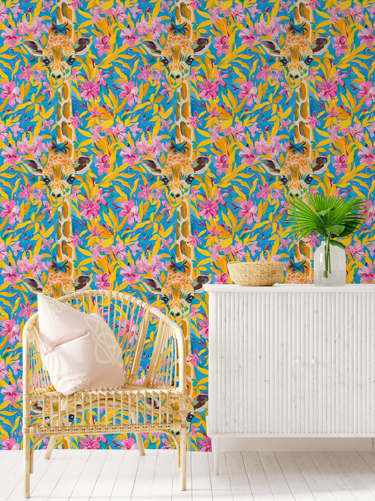 HaokHome Colorful Giraffe and Floral Wallpaper Vibrant Tropical Flowers on Bright Blue Background