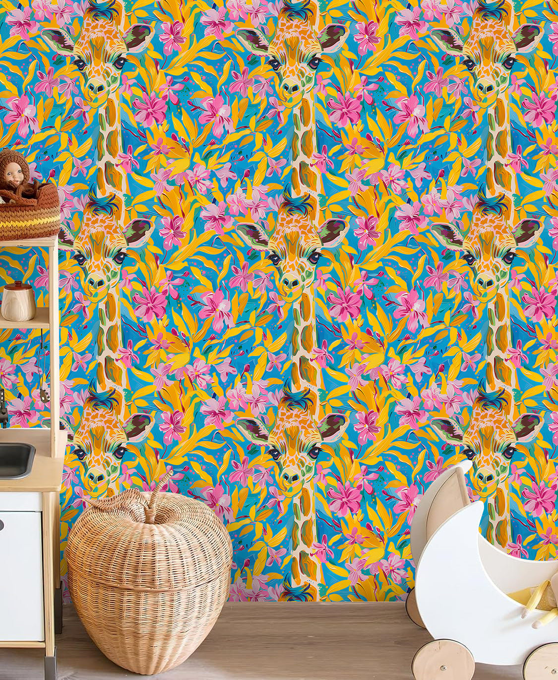 HaokHome Colorful Giraffe and Floral Wallpaper Vibrant Tropical Flowers on Bright Blue Background