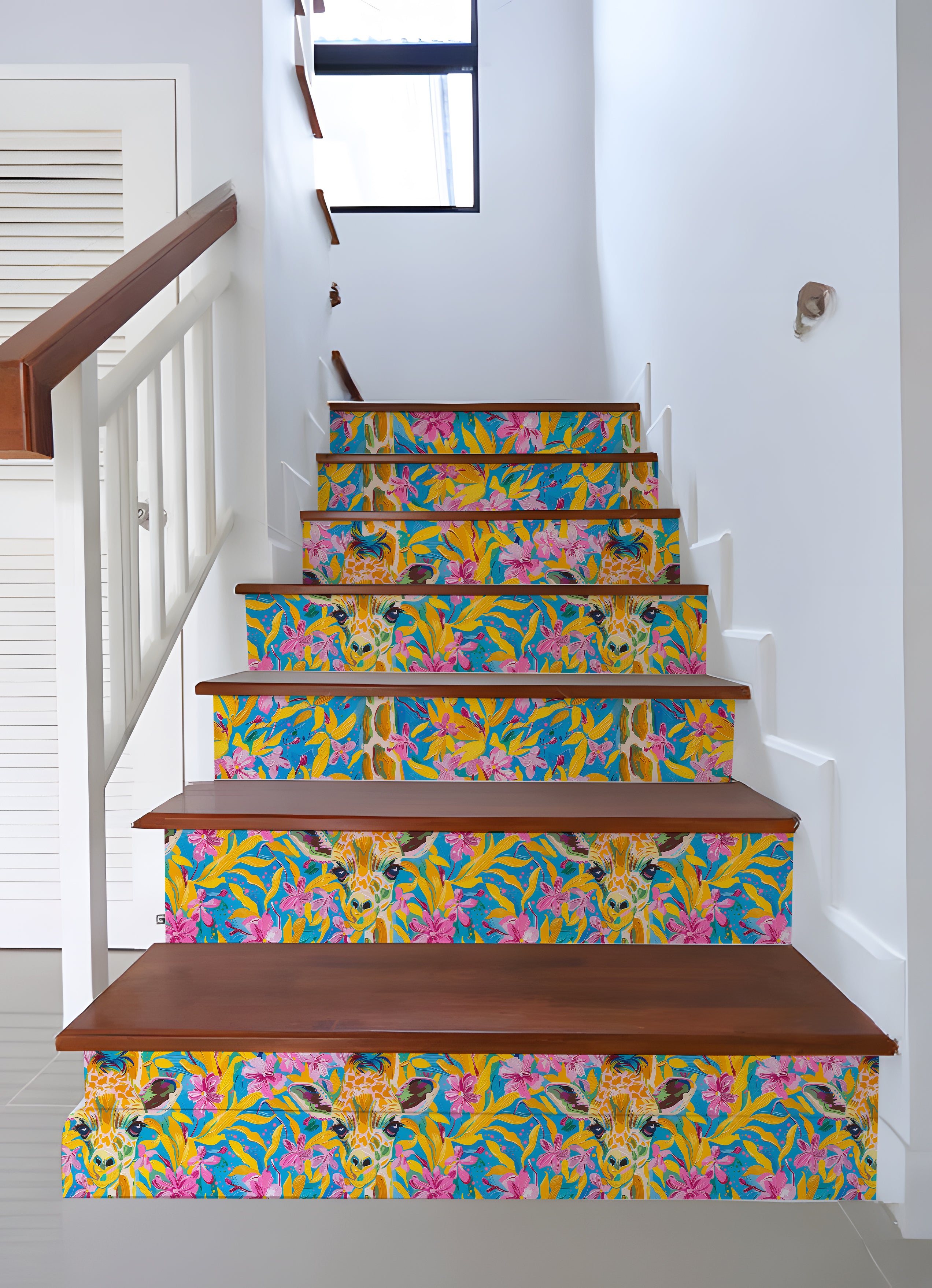 HaokHome Colorful Giraffe and Floral Wallpaper Vibrant Tropical Flowers on Bright Blue Background