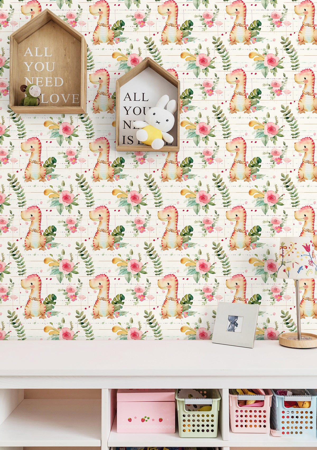HaokHome Cute Dinosaur Peel and Stick Wallpaper Floral Kids Room Removable Wall Decor
