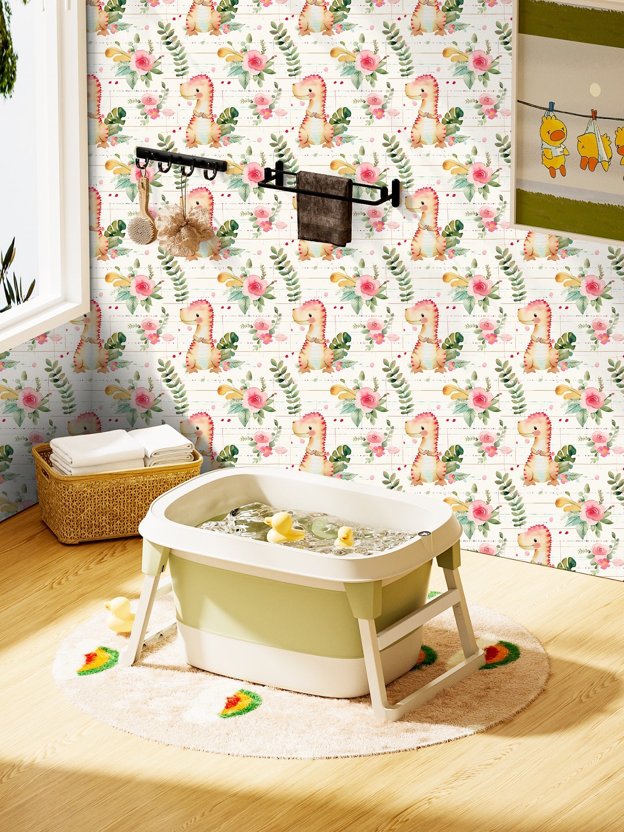 HaokHome Cute Dinosaur Peel and Stick Wallpaper Floral Kids Room Removable Wall Decor