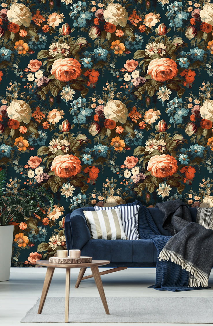 HaokHome Dark Botanical Vintage Floral Wallpaper - Orange Roses, Blue Daisies & White Peonies on Deep Teal Background