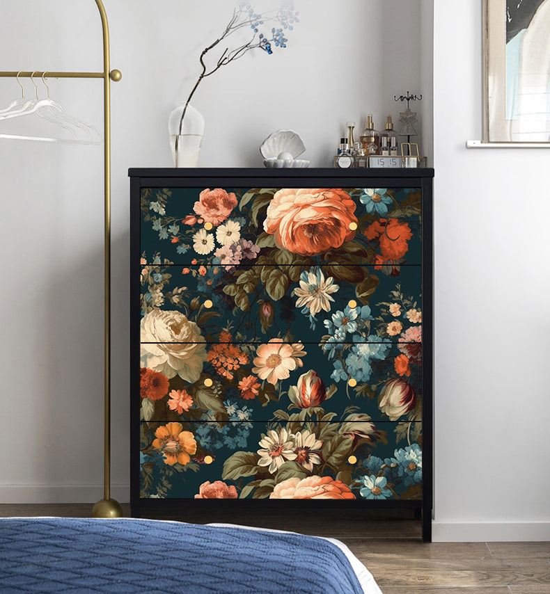 HaokHome Dark Botanical Vintage Floral Wallpaper - Orange Roses, Blue Daisies & White Peonies on Deep Teal Background