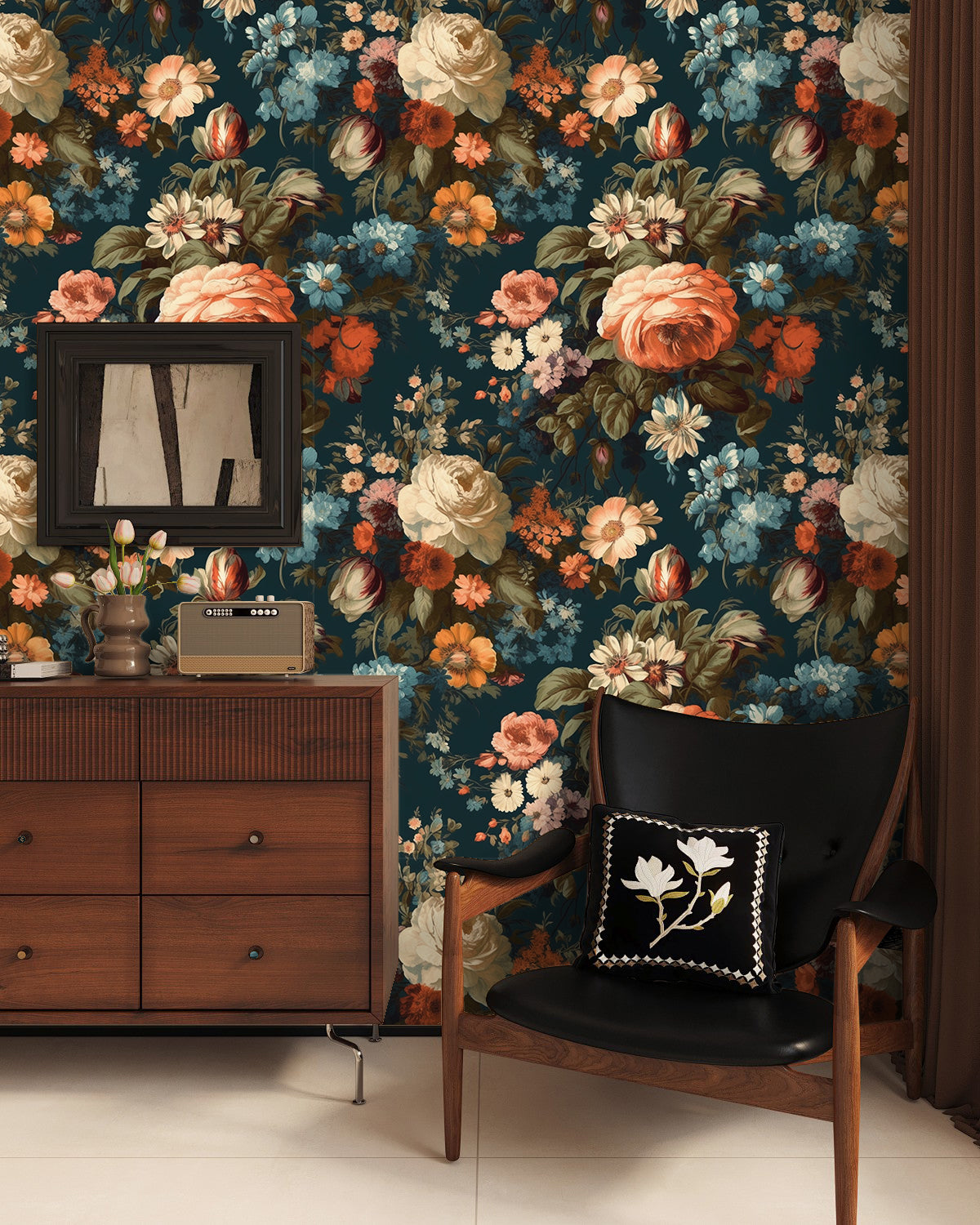 HaokHome Dark Botanical Vintage Floral Wallpaper - Orange Roses, Blue Daisies & White Peonies on Deep Teal Background
