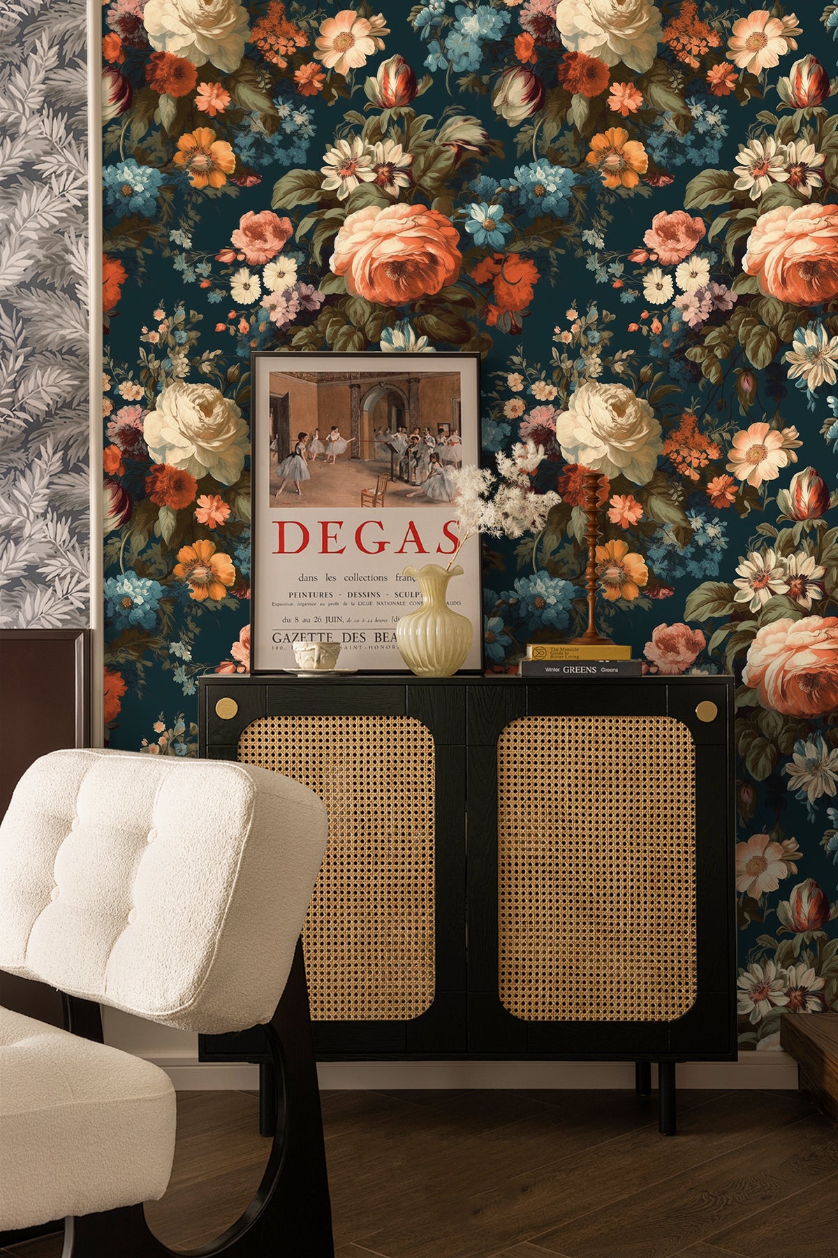 HaokHome Dark Botanical Vintage Floral Wallpaper - Orange Roses, Blue Daisies & White Peonies on Deep Teal Background