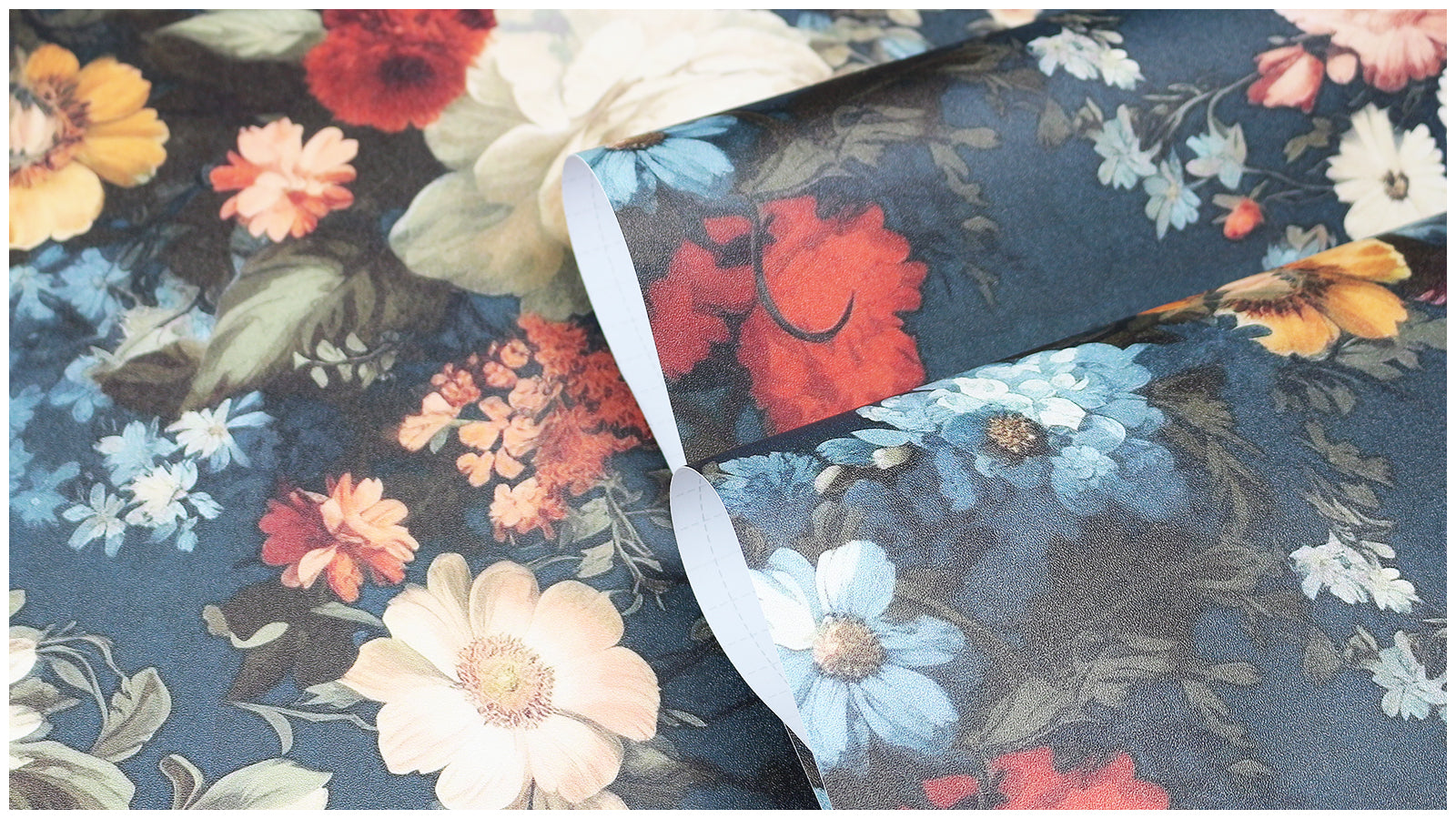 HaokHome Dark Botanical Vintage Floral Wallpaper - Orange Roses, Blue Daisies & White Peonies on Deep Teal Background