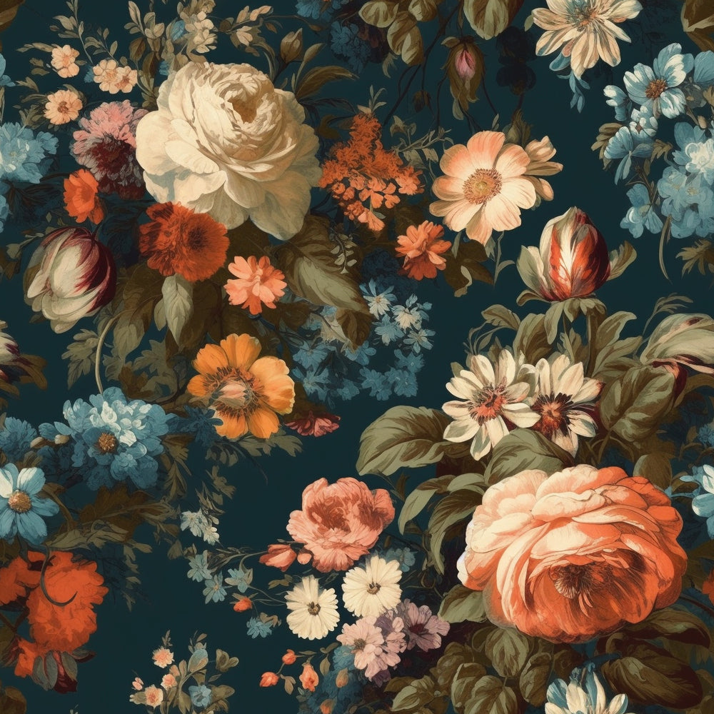 HaokHome Dark Botanical Vintage Floral Wallpaper - Orange Roses, Blue Daisies & White Peonies on Deep Teal Background
