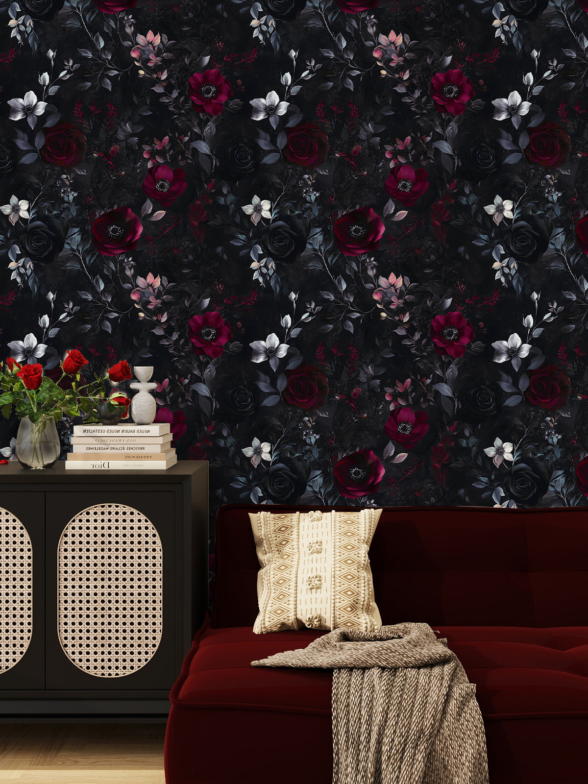 HaokHome Dark Floral Wallpaper Elegant Burgundy, Black, and White Roses on Black Background