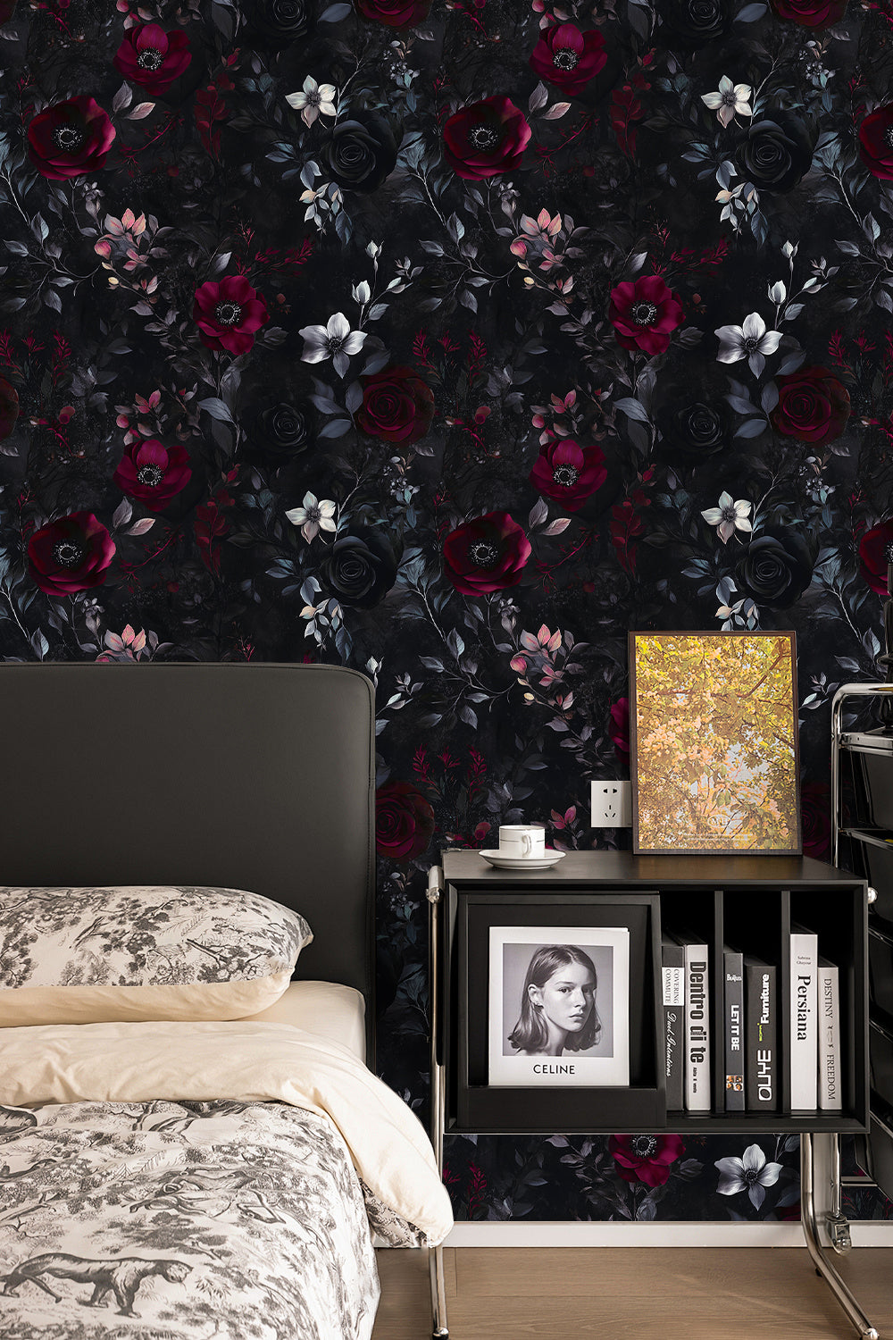 HaokHome Dark Floral Wallpaper Elegant Burgundy, Black, and White Roses on Black Background