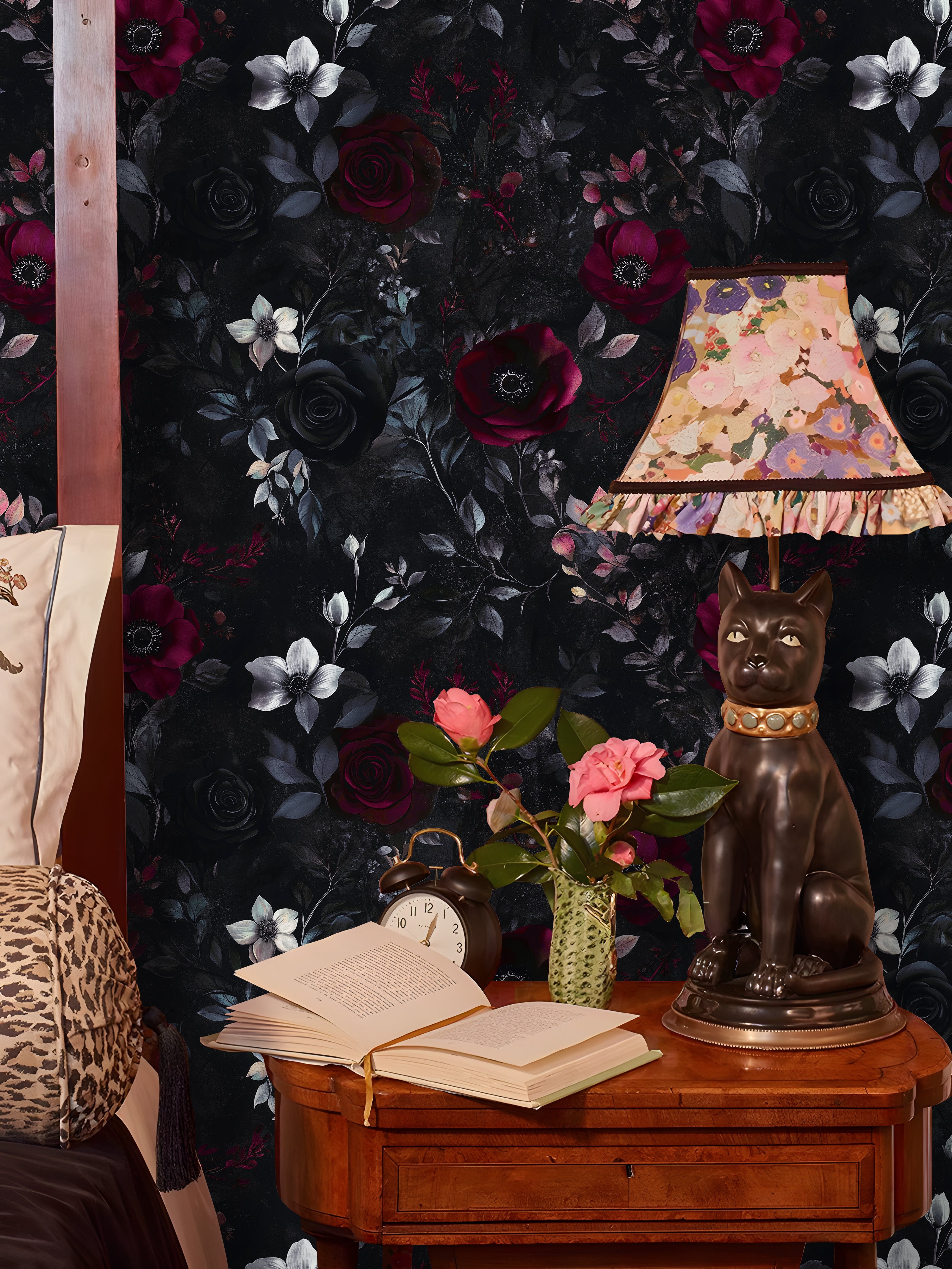 HaokHome Dark Floral Wallpaper Elegant Burgundy, Black, and White Roses on Black Background