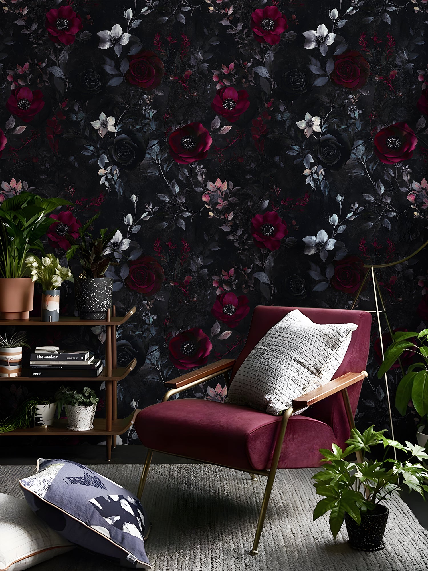HaokHome Dark Floral Wallpaper Elegant Burgundy, Black, and White Roses on Black Background