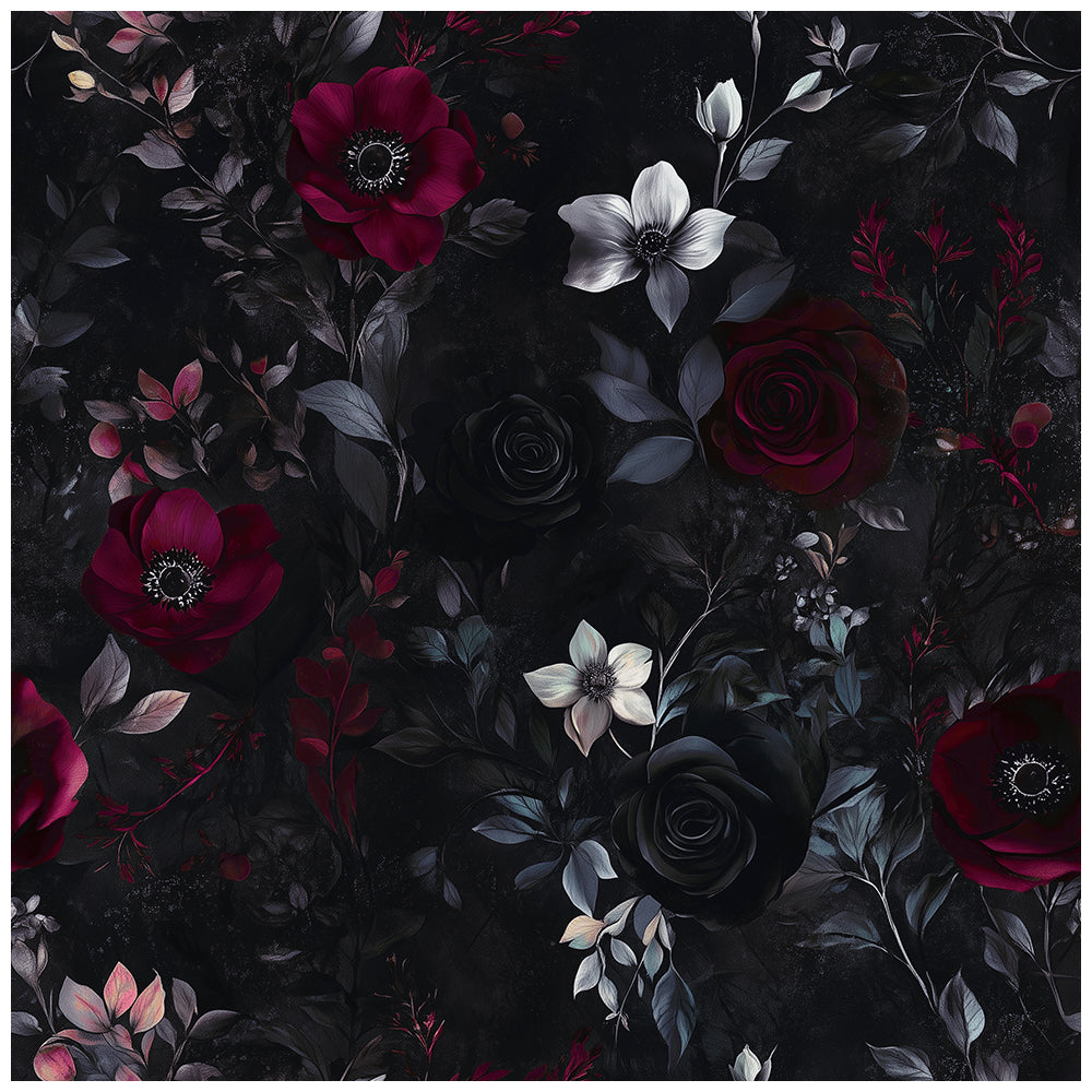 HaokHome Dark Floral Wallpaper Elegant Burgundy, Black, and White Roses on Black Background