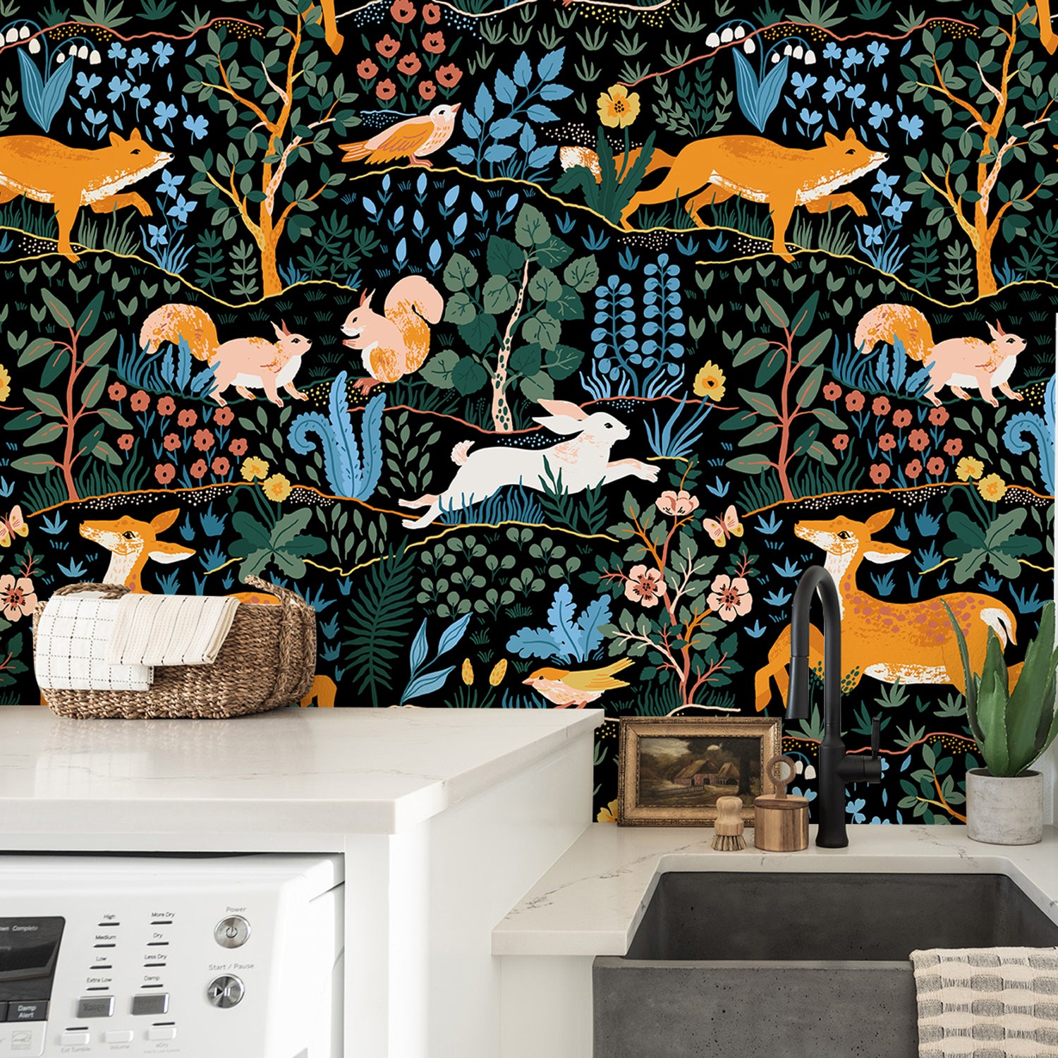 HaokHome Dark Forest Wallpaper with Deer, Fox, Rabbit, Squirrel, Birds and Botanical Motifs – Hand-Drawn Nature Mural on Black Background