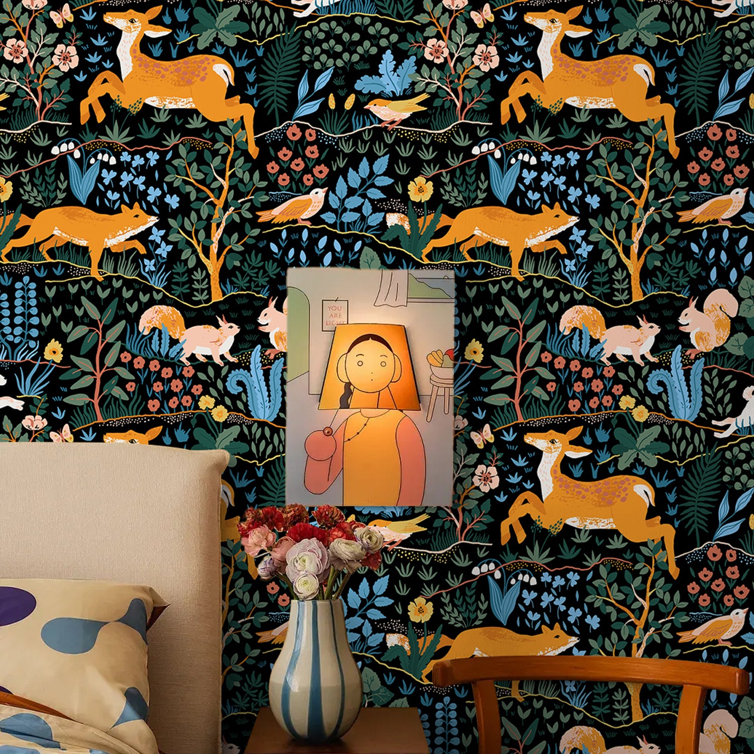 HaokHome Dark Forest Wallpaper with Deer, Fox, Rabbit, Squirrel, Birds and Botanical Motifs – Hand-Drawn Nature Mural on Black Background