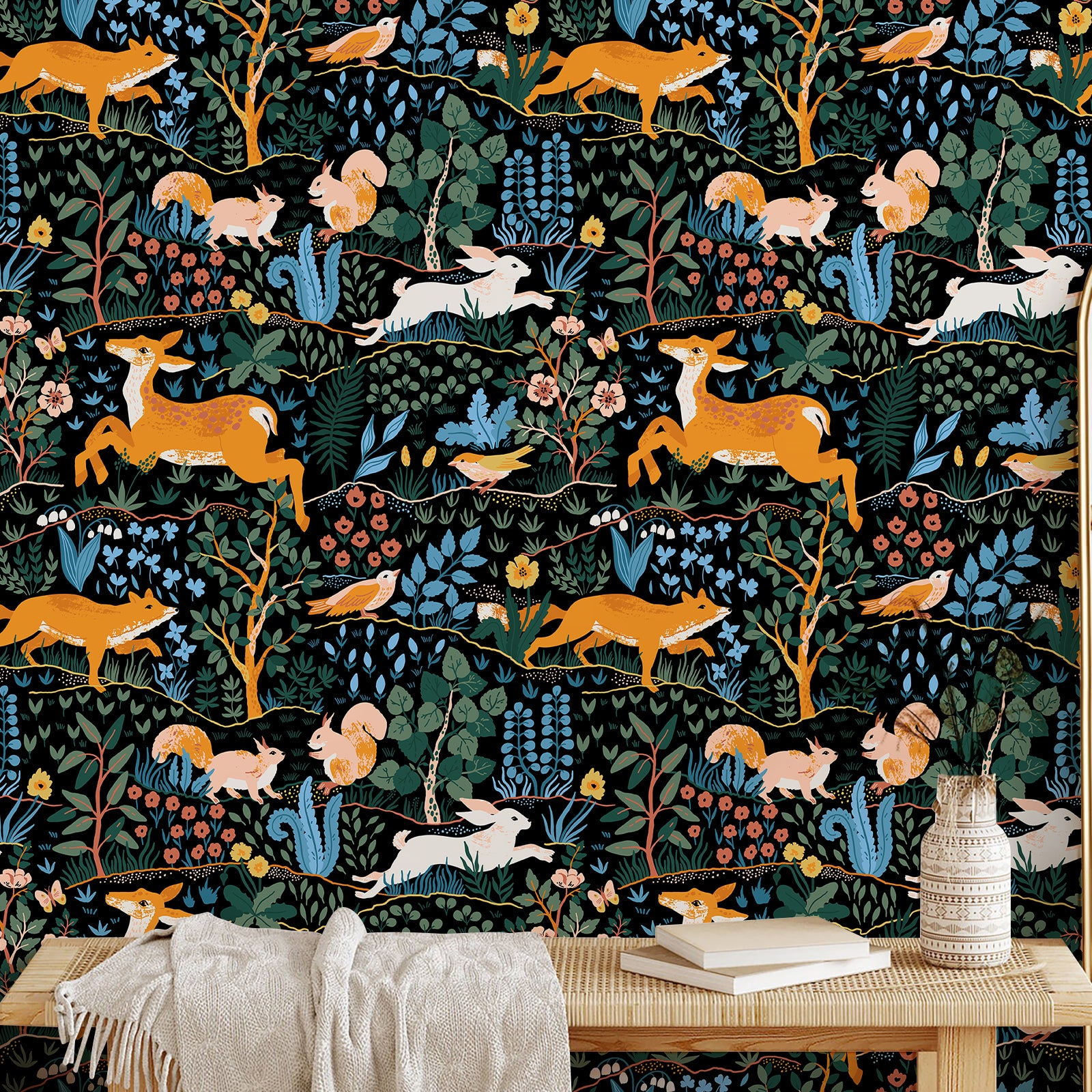 HaokHome Dark Forest Wallpaper with Deer, Fox, Rabbit, Squirrel, Birds and Botanical Motifs – Hand-Drawn Nature Mural on Black Background