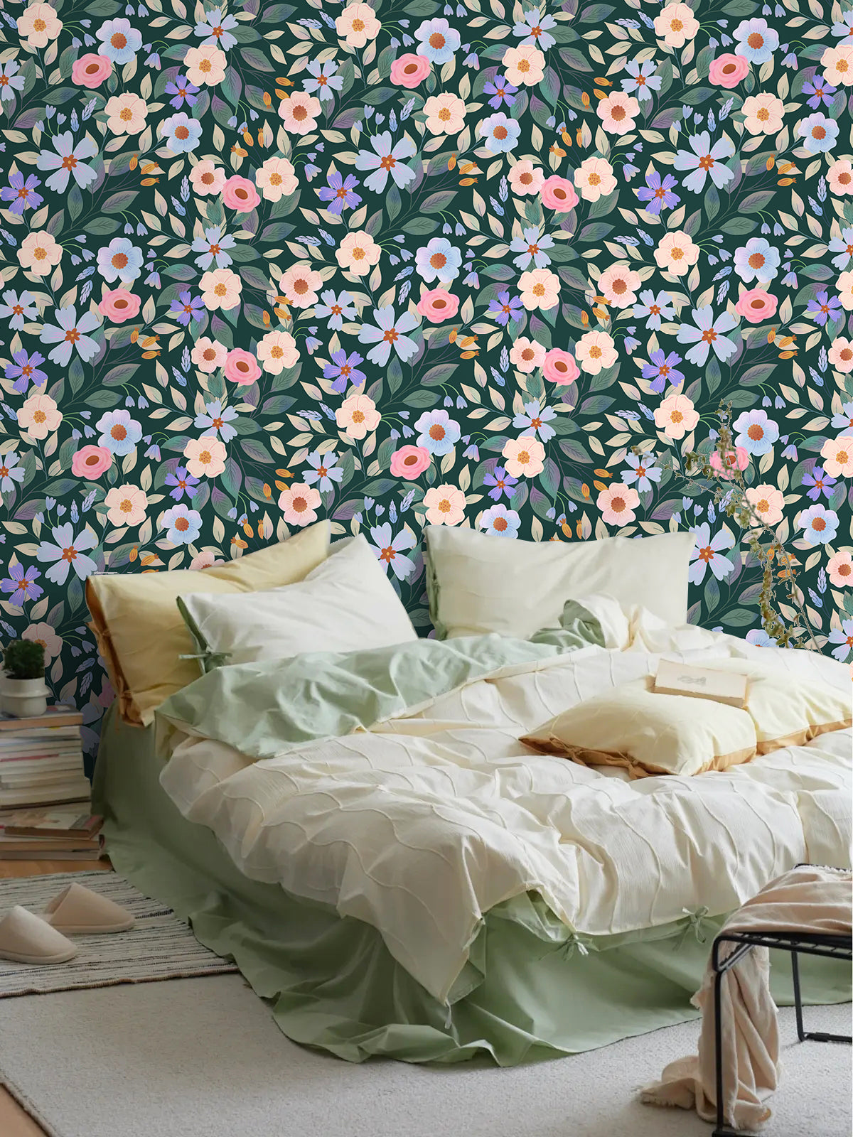HaokHome Dark Green Background Pink Pastel Floral Wallpaper for Bedrooms & Nurseries