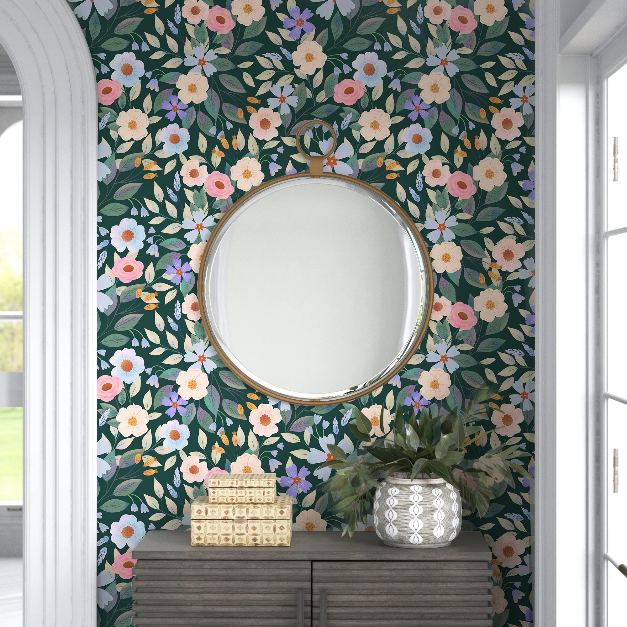 HaokHome Dark Green Background Pink Pastel Floral Wallpaper for Bedrooms & Nurseries