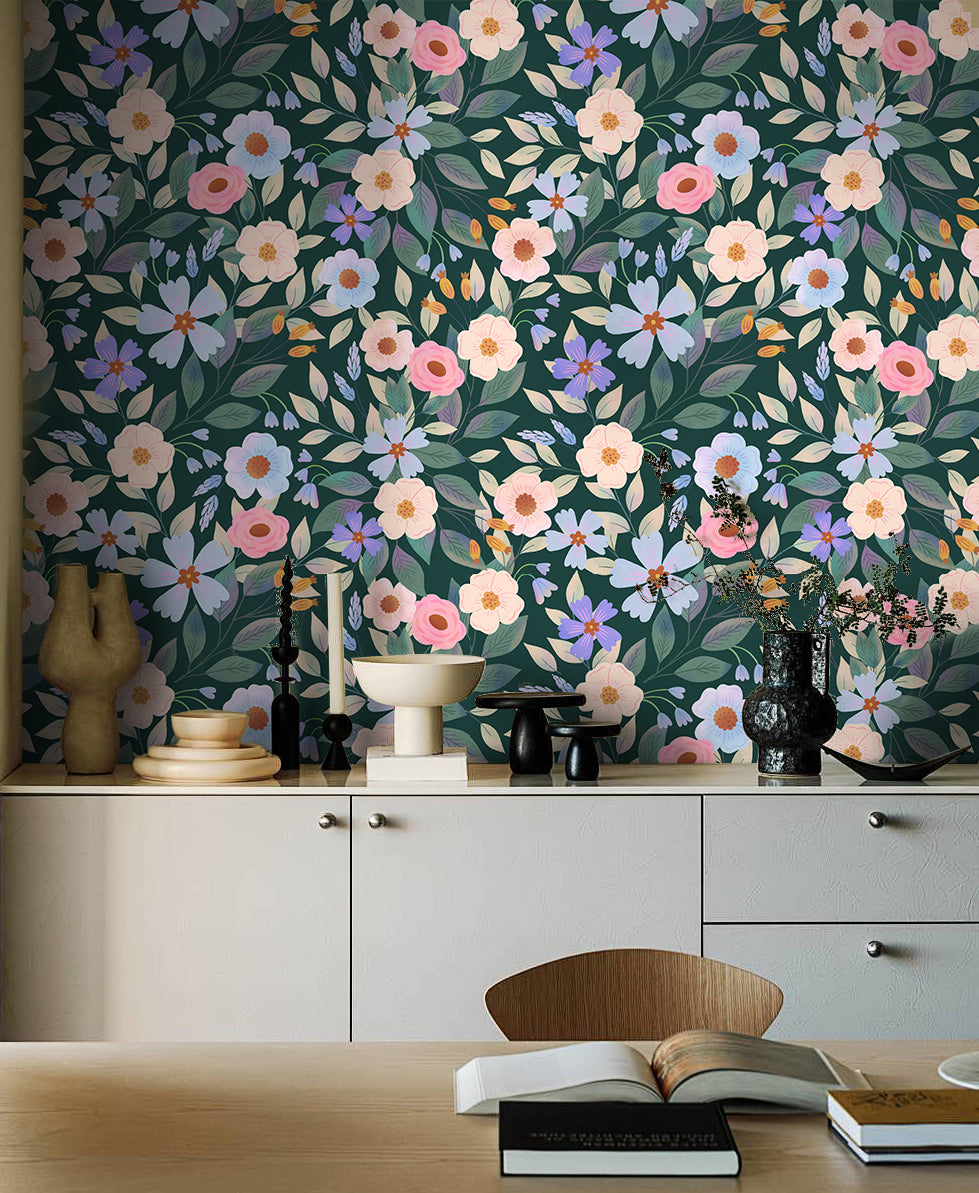 HaokHome Dark Green Background Pink Pastel Floral Wallpaper for Bedrooms & Nurseries