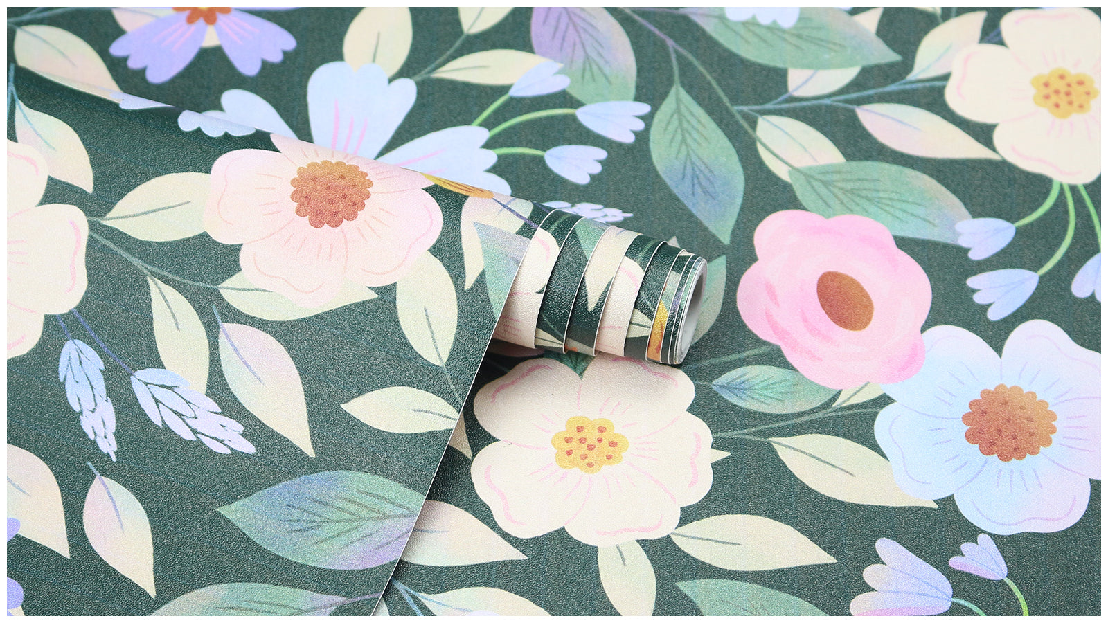 HaokHome Dark Green Background Pink Pastel Floral Wallpaper for Bedrooms & Nurseries