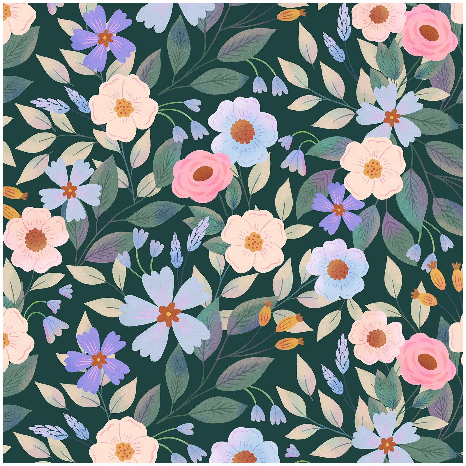 HaokHome Dark Green Background Pink Pastel Floral Wallpaper for Bedrooms & Nurseries