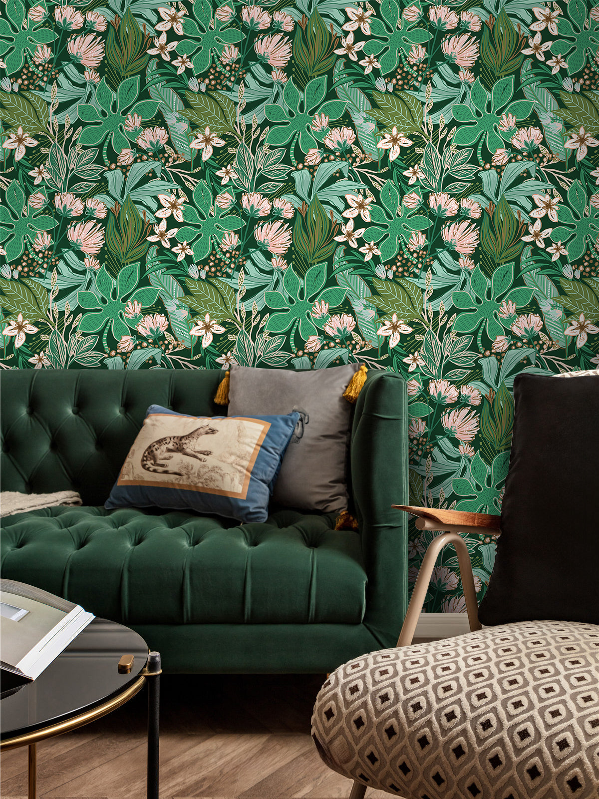 HaokHome Dark Green Floral Wallpaper – Lush Green Leaves and Soft Pink Flowers for Living Room & Bedroom